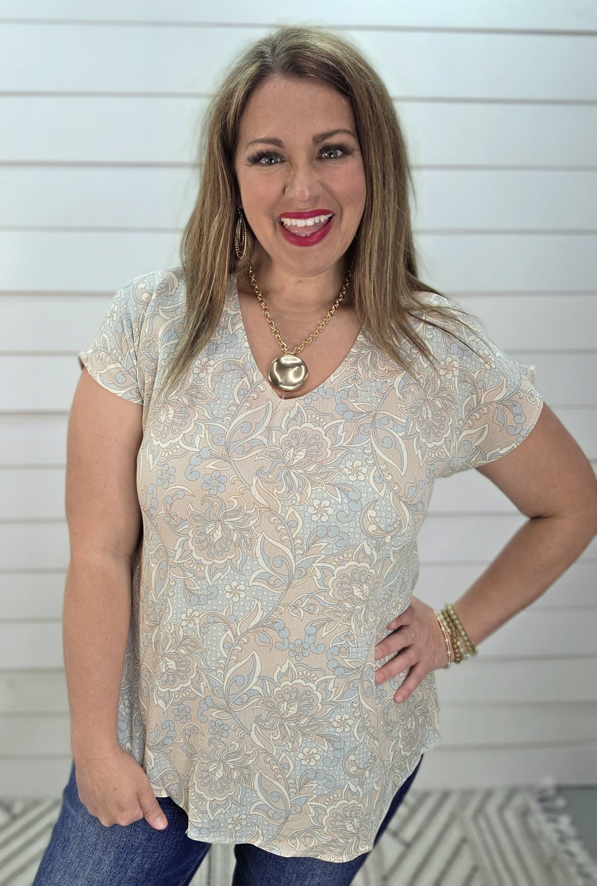 TAUPE/LIGHT BLUE FLORAL V NECK WOVEN TOP