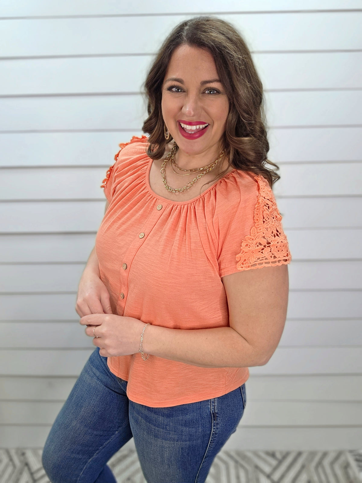 ORANGE COTTON SLUB TOP W/ LACE SLEEVES AND FAUX BUTTONS