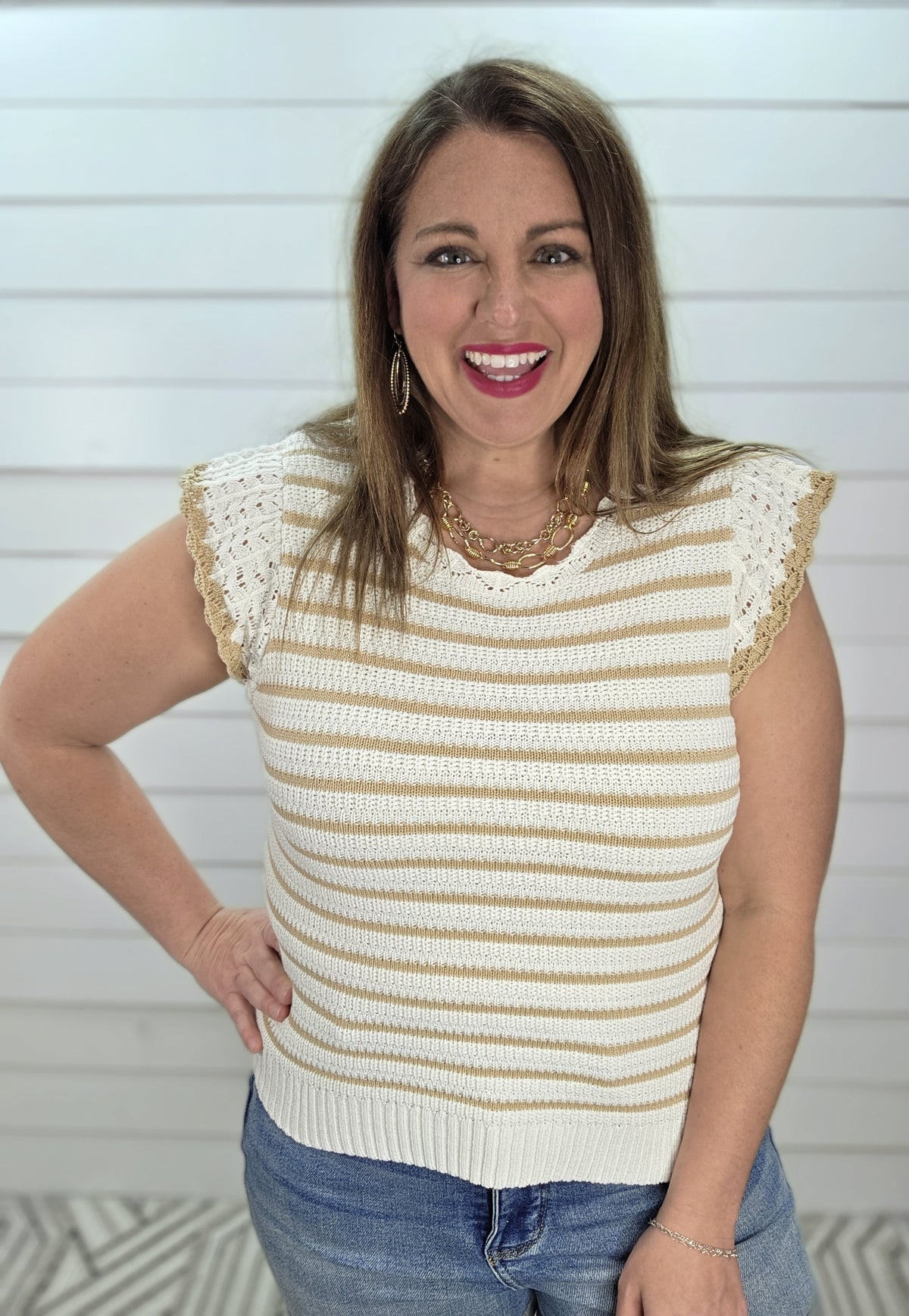 TAUPE/CREAM STRIPED SLEEVELESS SWEATER TOP W/ RUFFLE SLEEVE
