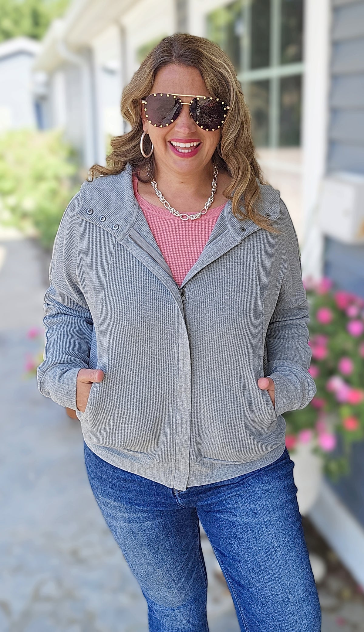 GREY WAFFLE TEXTURED ZIP UP JACKET