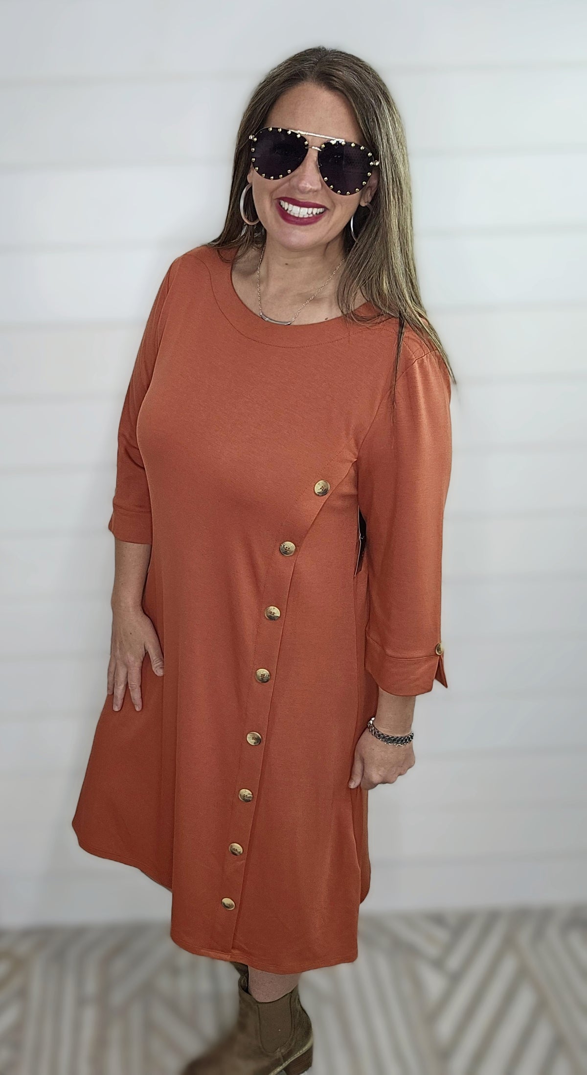 RUST BUTTON FRONT KNIT DRESS