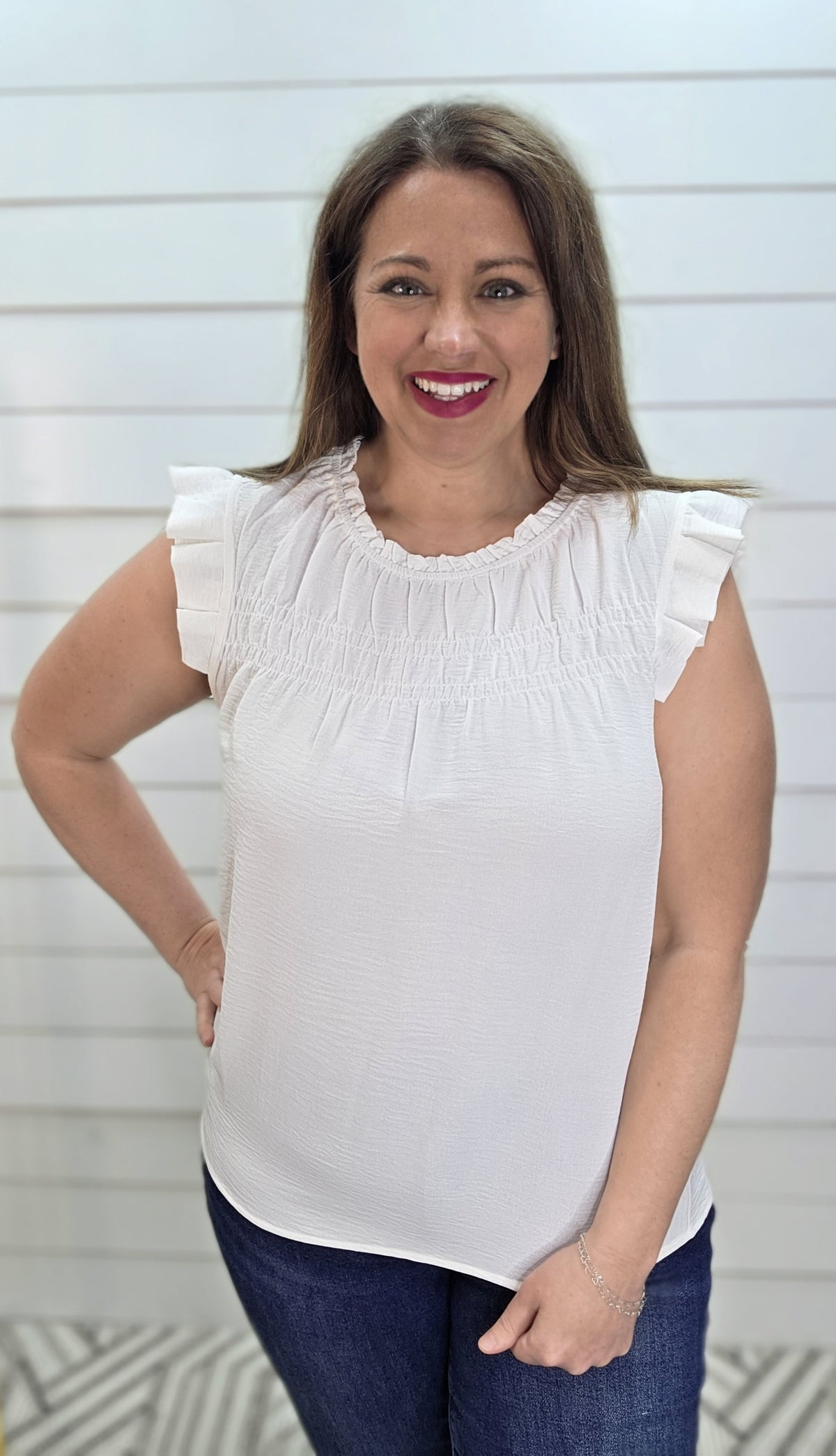 WHITE RUFFLE NECK WOVEN SLEEVELESS TOP