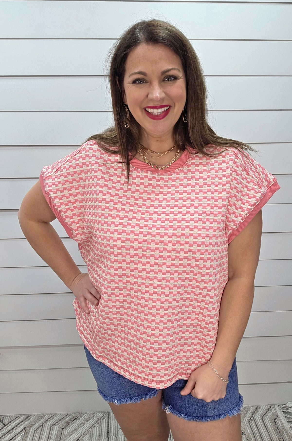 PINK/OATMEAL TEXTURED CHECK KNIT TOP