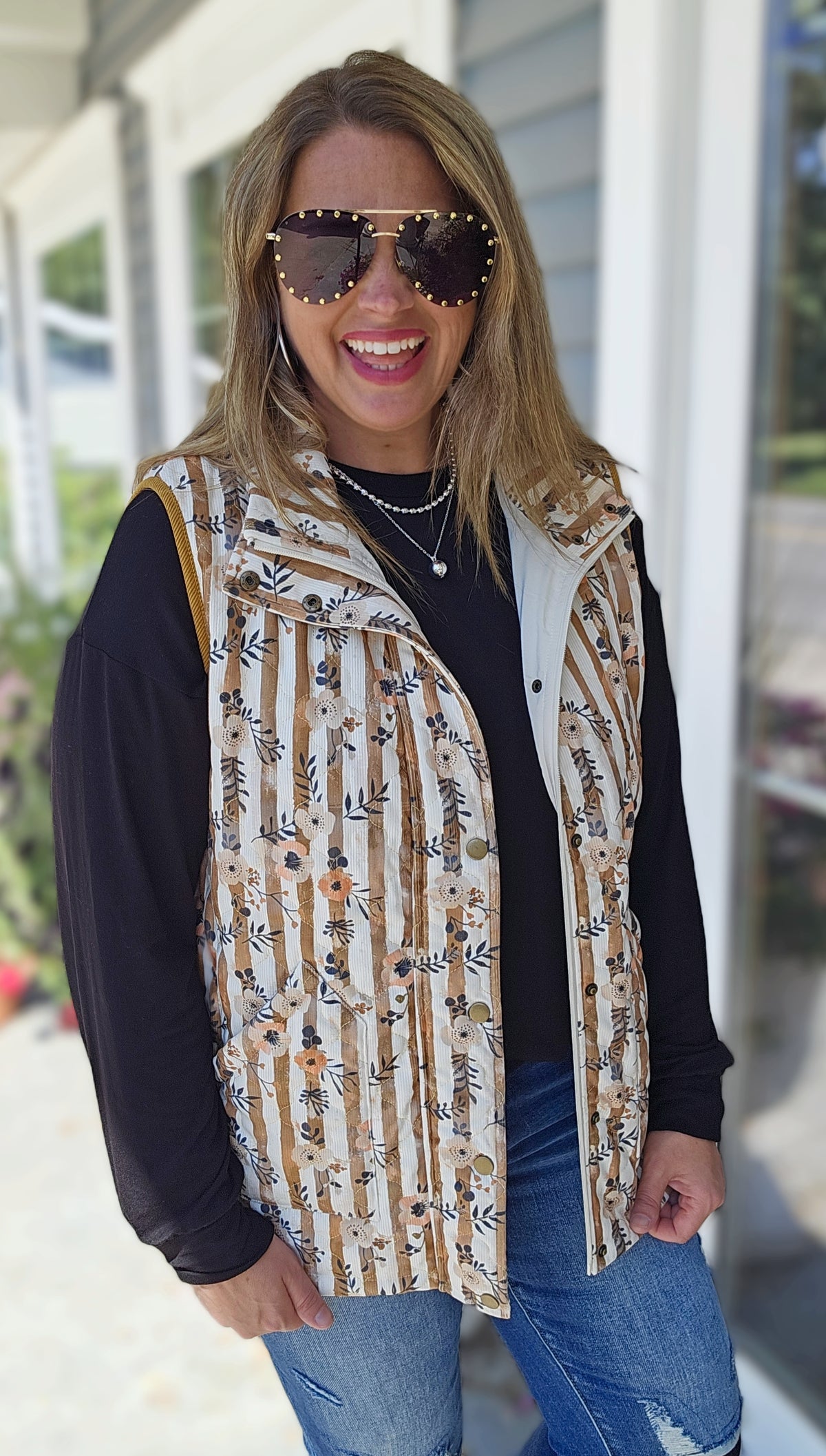 CAMEL STRIPED/FLORAL ZIP UP QUILTED VEST