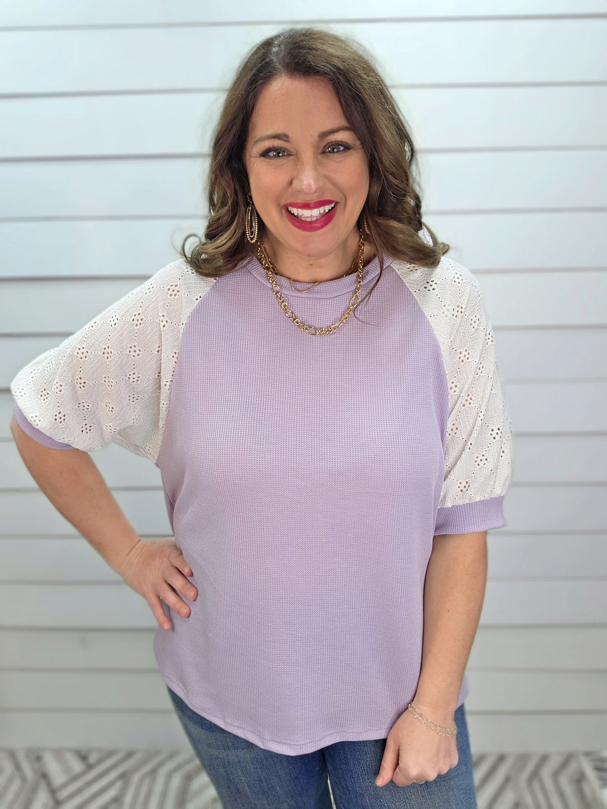 LAVENDER WAFFLE TEXTURE KNIT TOP W/ CROCHET LACE SHORT SLEEVES