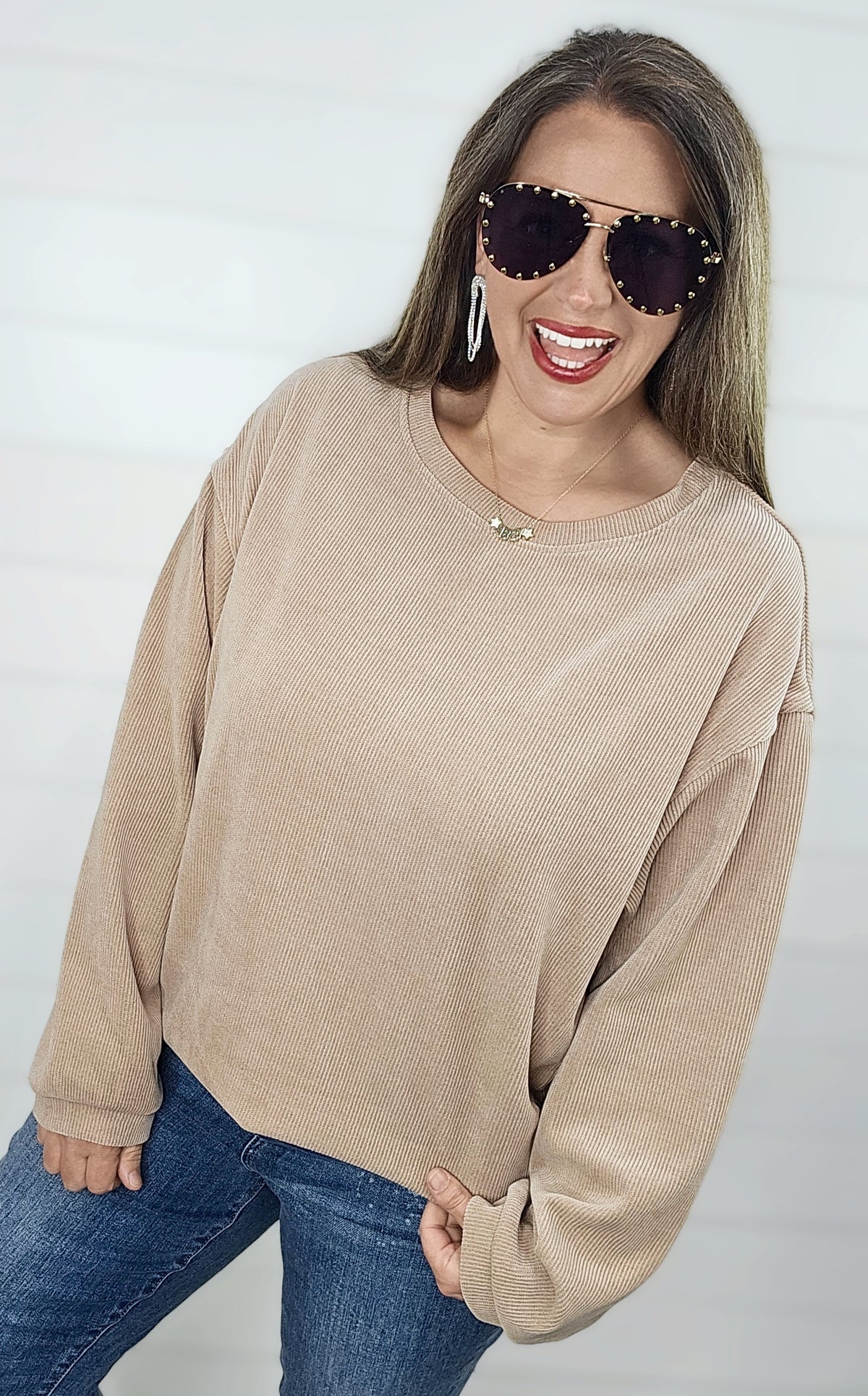 NATURAL SARAH CORDED CREW NECK