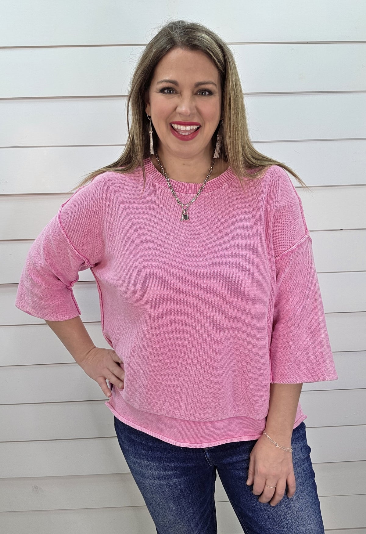 CANDY PINK 3/4 SLEEVE LOOSE FIT SWEATER