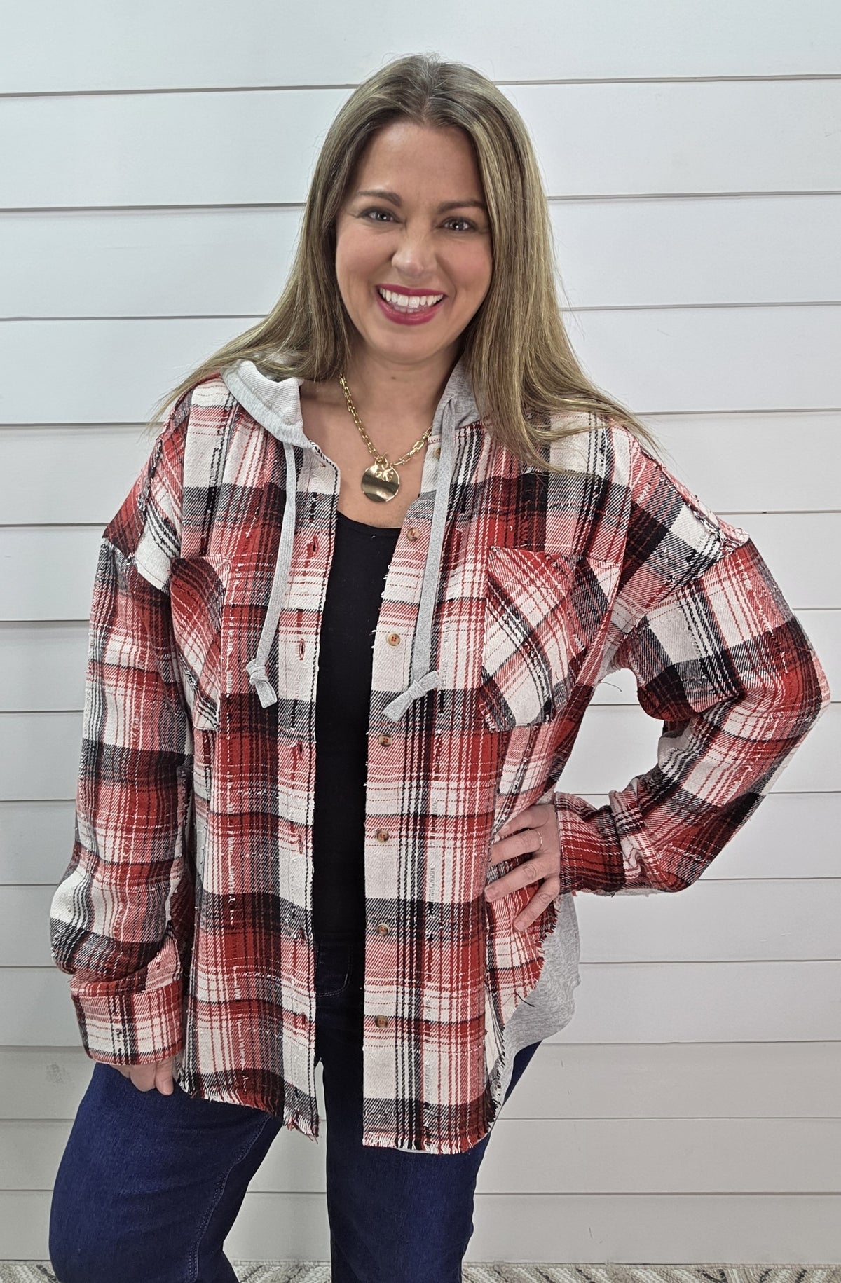 RED/BLACK PLAID BUTTON DOWN HOODED SHACKET