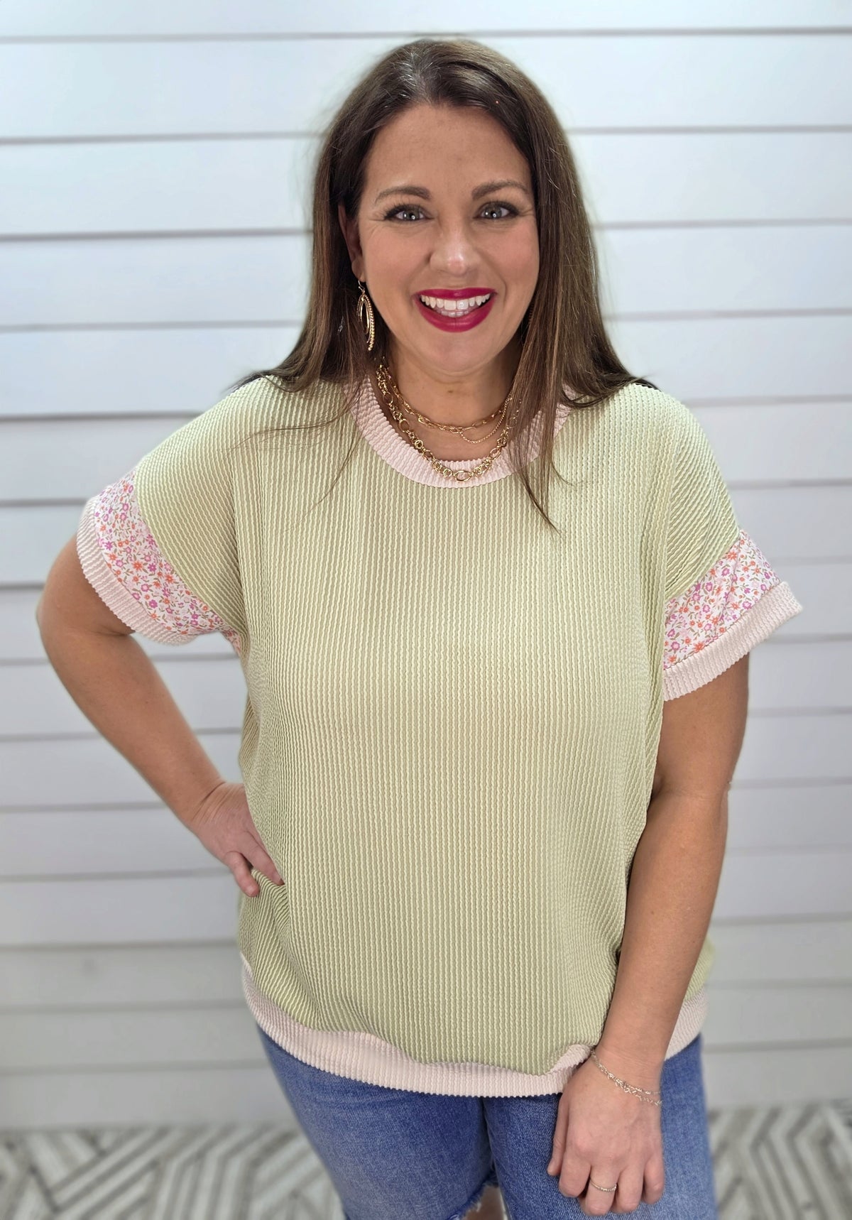 SAGE RAISED RIBBED KNIT TOP W/ FLORAL TRIM