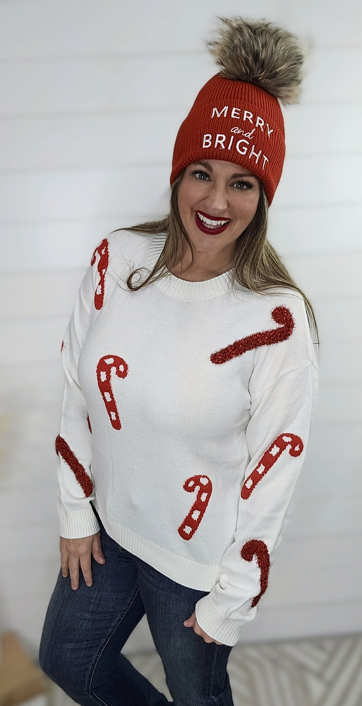 IVORY CANDY CANE CREW NECK PULLOVER SWEATER