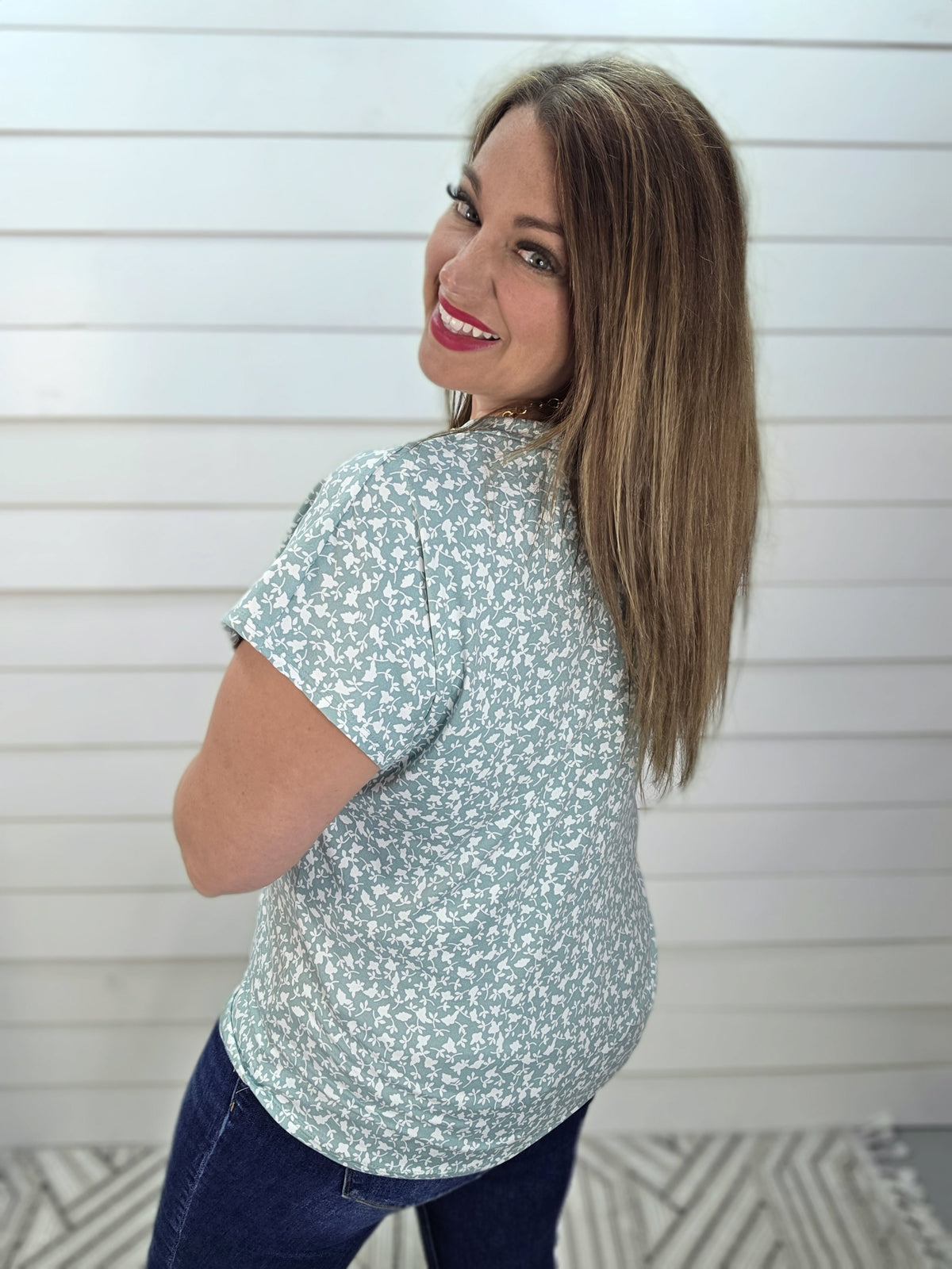 SAGE FLORAL V NECK BUTTER SOFT TOP