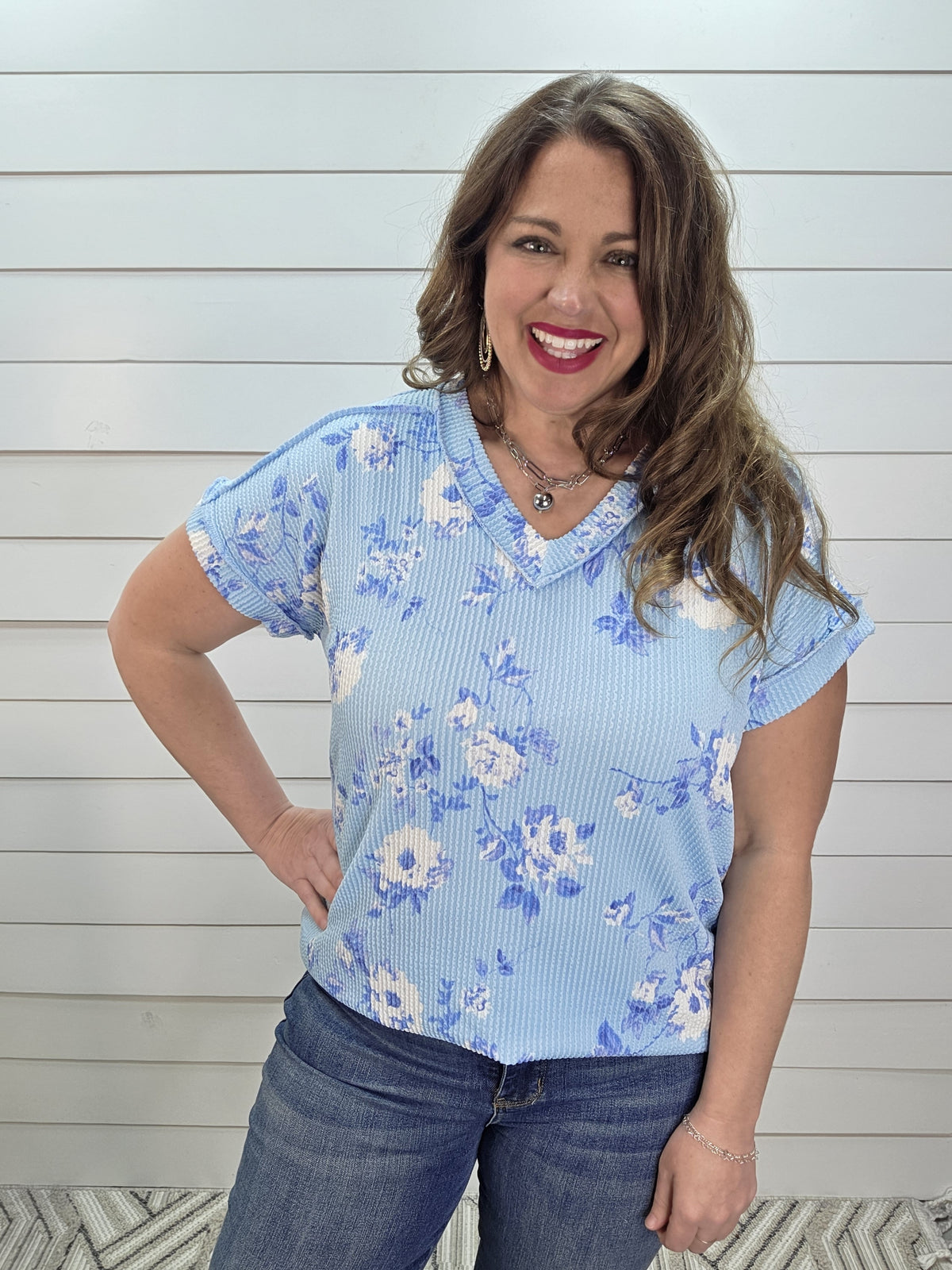 SKY BLUE RAISED RIBBED FLORAL V NECK KNIT TOP