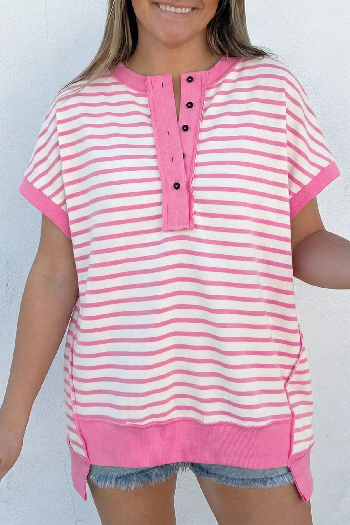 PINK/WHITE STRIPED HALF BUTTON KNIT TOP