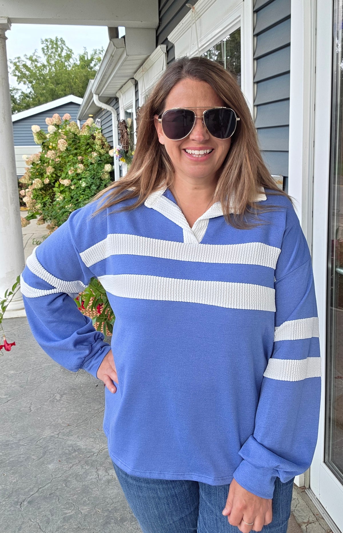 SLATE BLUE FRENCH TERRY RAISED RIBBED CONTRAST KNIT TOP