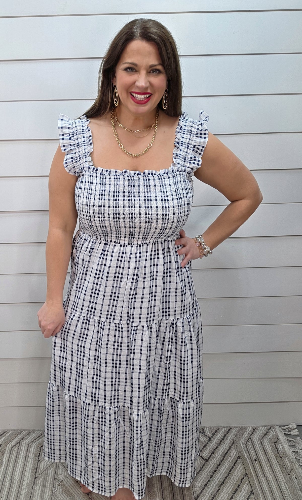 NAVY/WHITE PLAID SMOCKED MIDI DRESS W/ RUFFLE STRAP