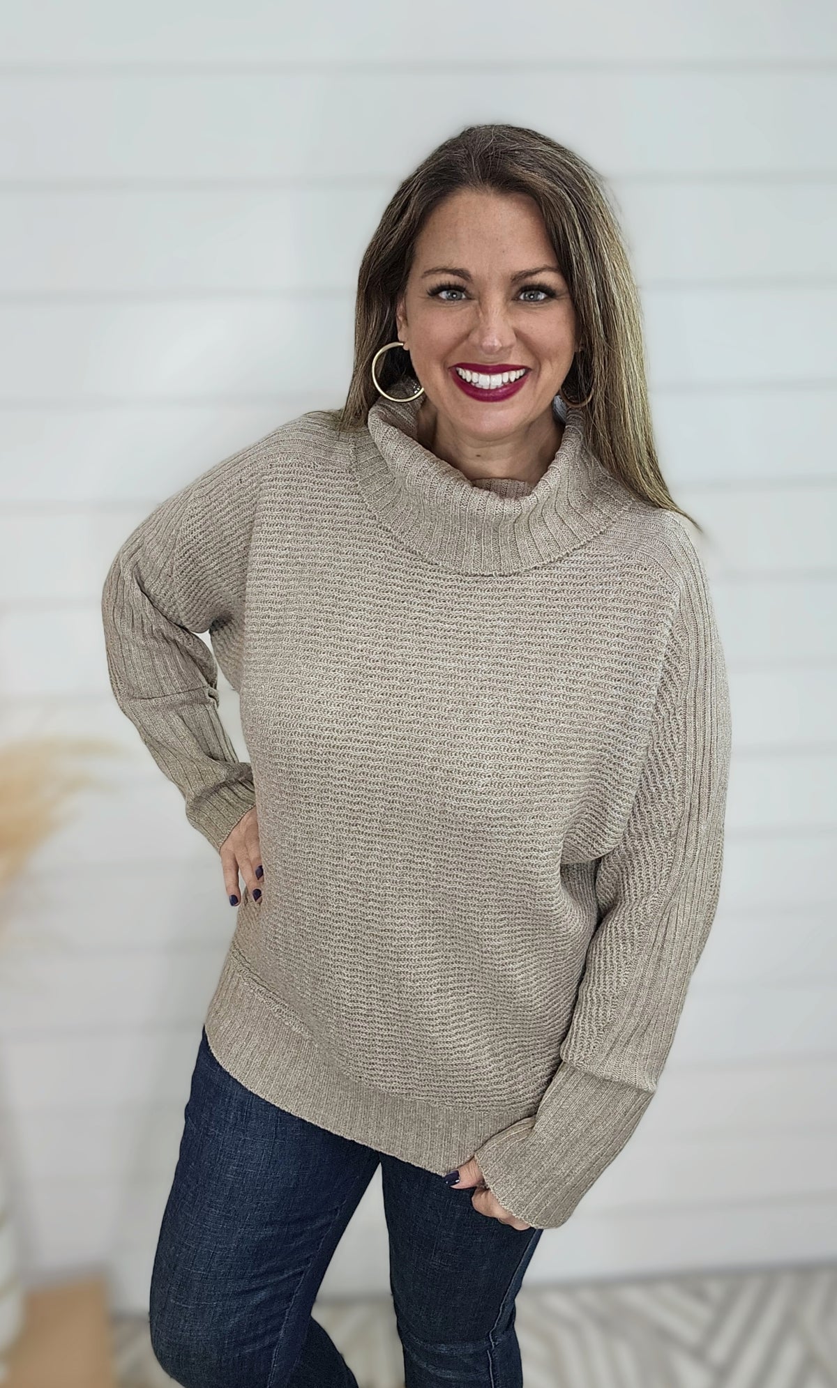 MUSHROOM RIBBED COWL NECK SWEATER