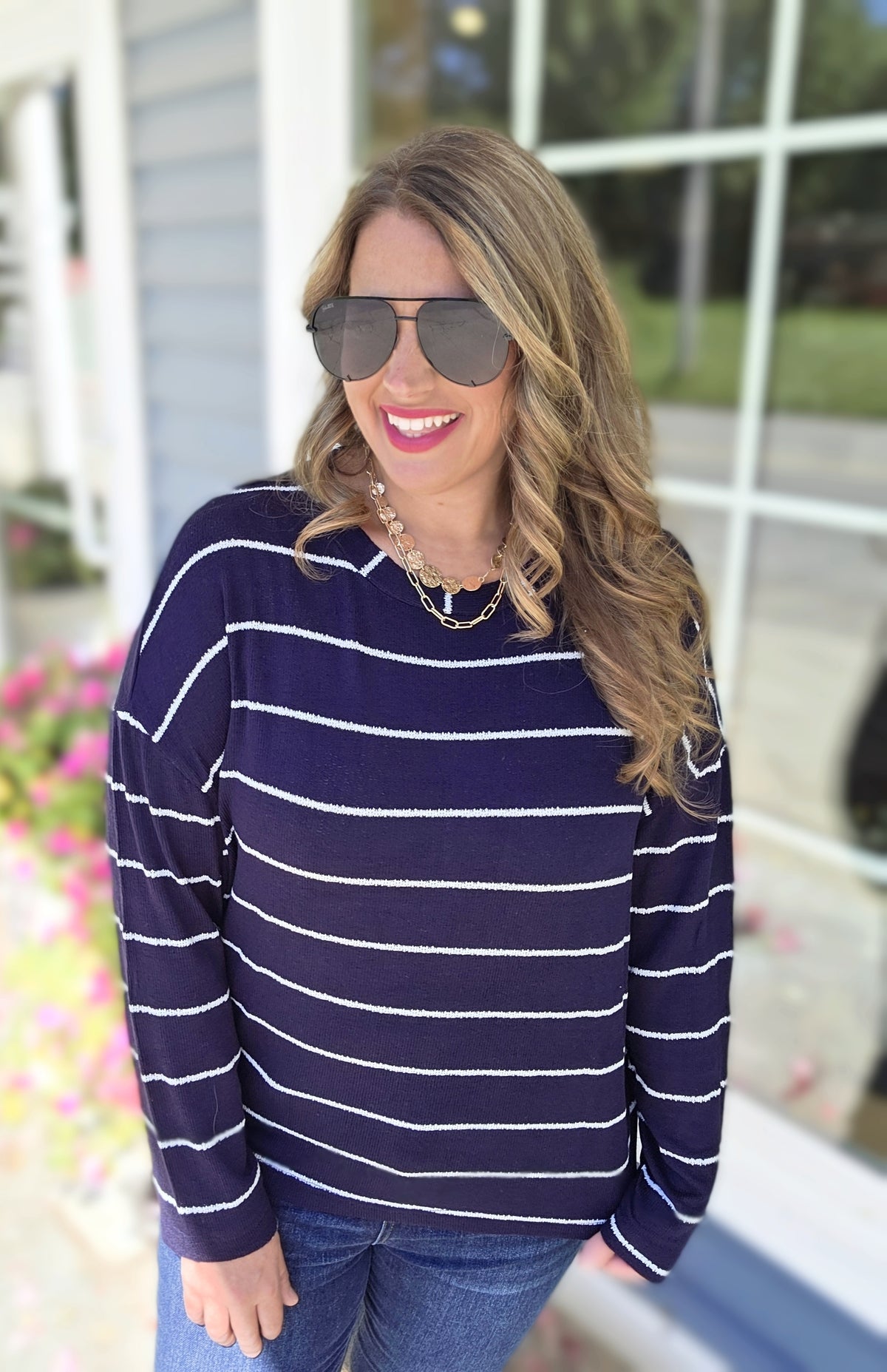 NAVY PINSTRIPE LIGHT WEIGHT SOFT SWEATER