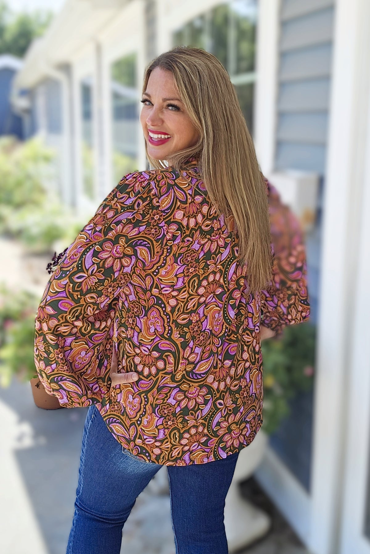 DEAR SCARLETT OLIVE/MUSTARD/PURPLE FLORAL LONG SLEEVE SMOCKED LIZZY