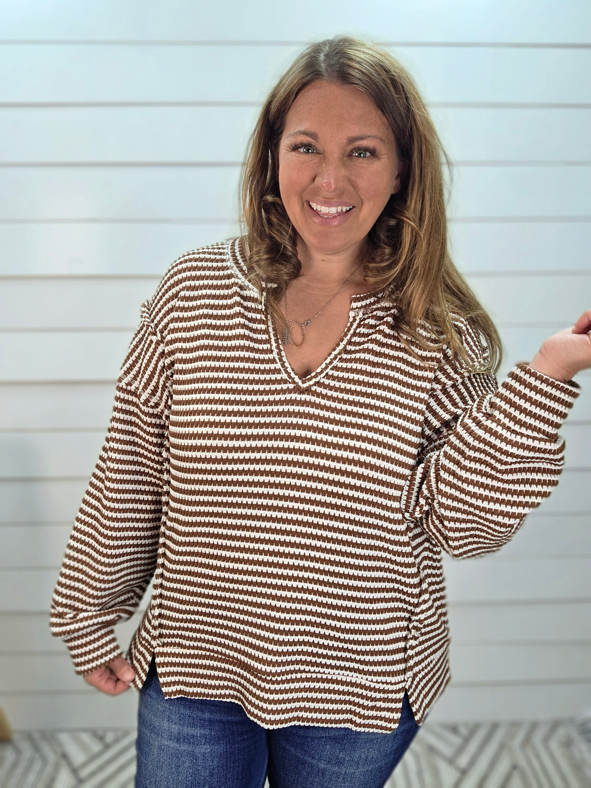 BROWN/CREAM Stripe Split Neck Long Sleeve Seam Detail Knit Top