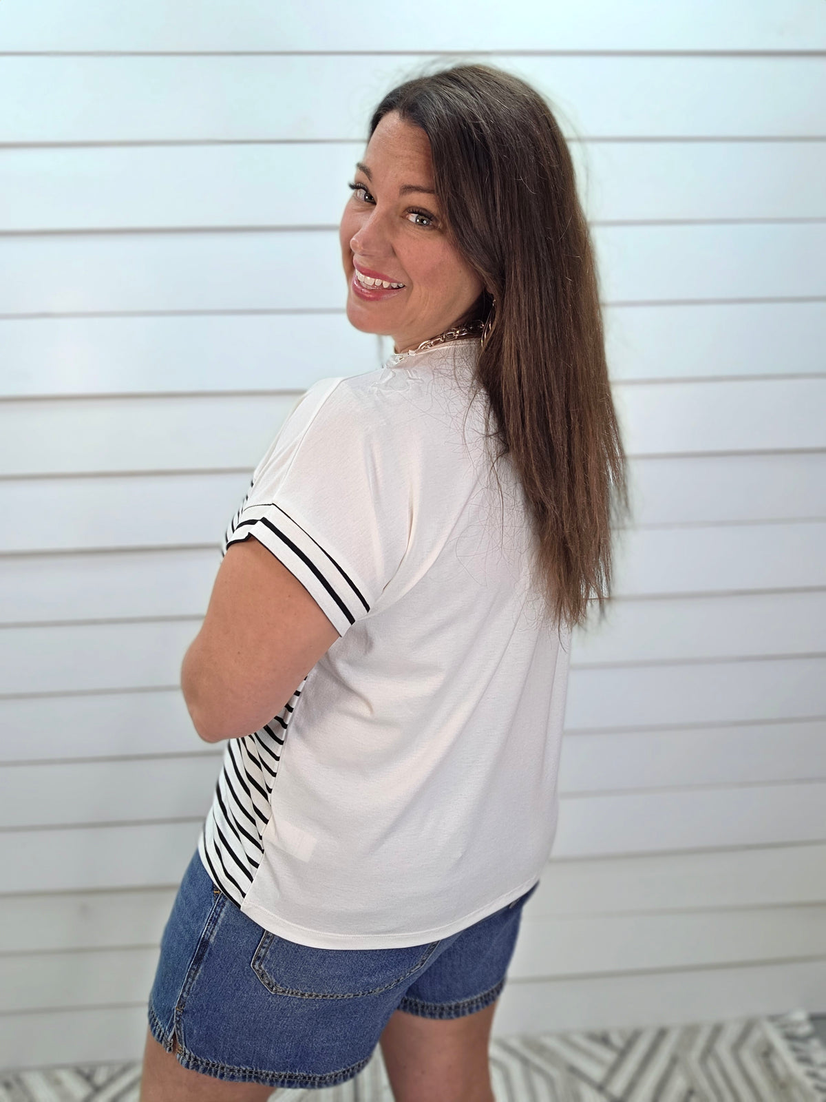 BLACK & WHITE STRIPED COLORBLOCK V NECK FRENCH TERRY KNIT TOP