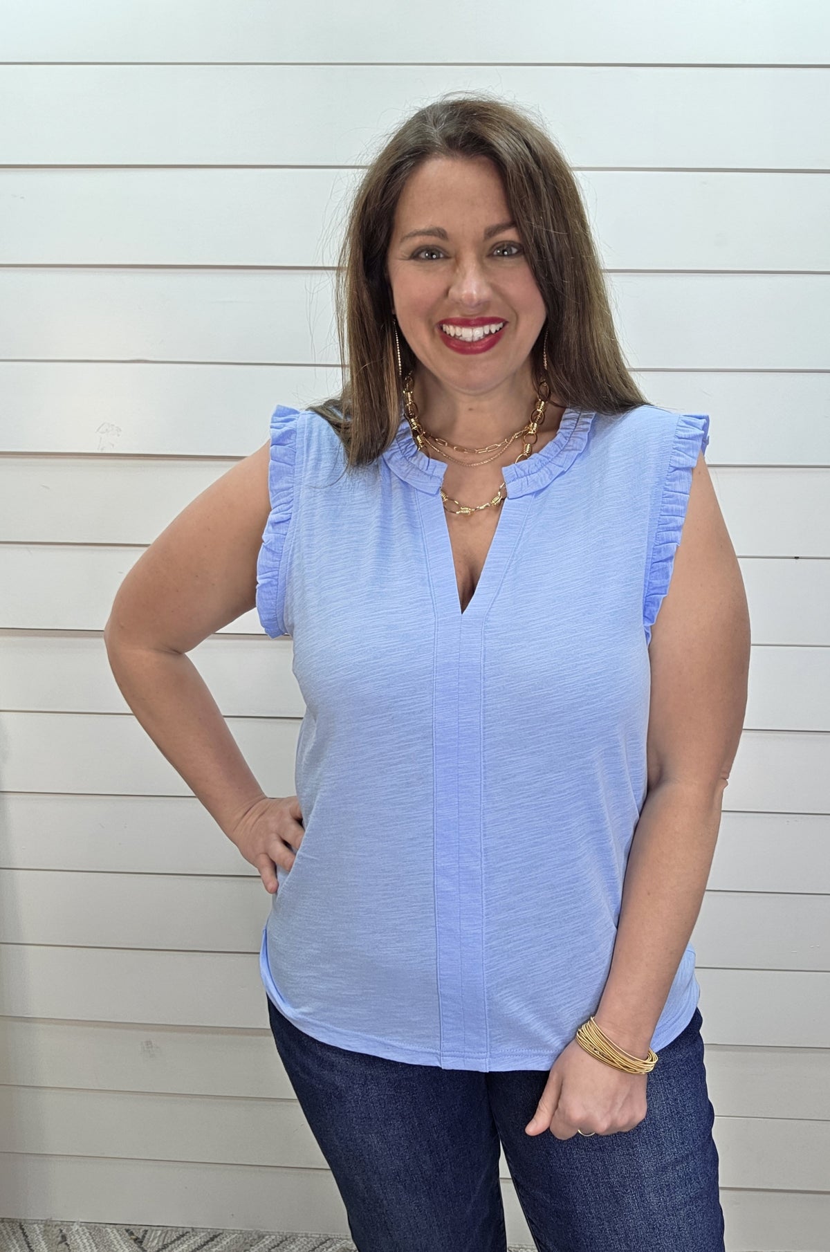 SKY BLUE RUFFLE NECK AND SLEEVE KNIT TOP