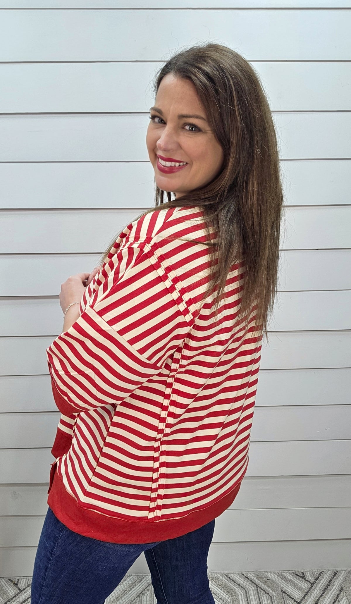 RED/CREAM STRIPED RELAXED FIT FRENCH TERRY KNIT TOP