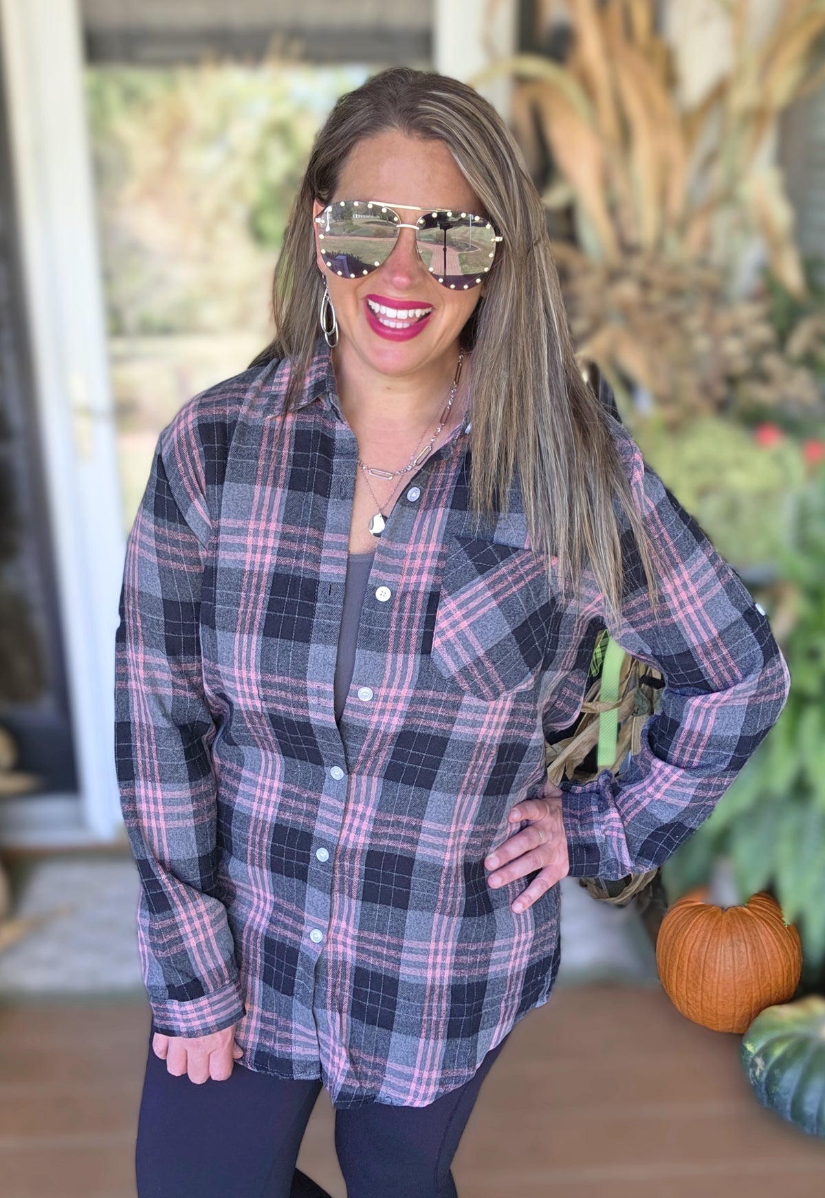 BLACK/CHARCOAL/PINK CHECK BUTTON DOWN TOP