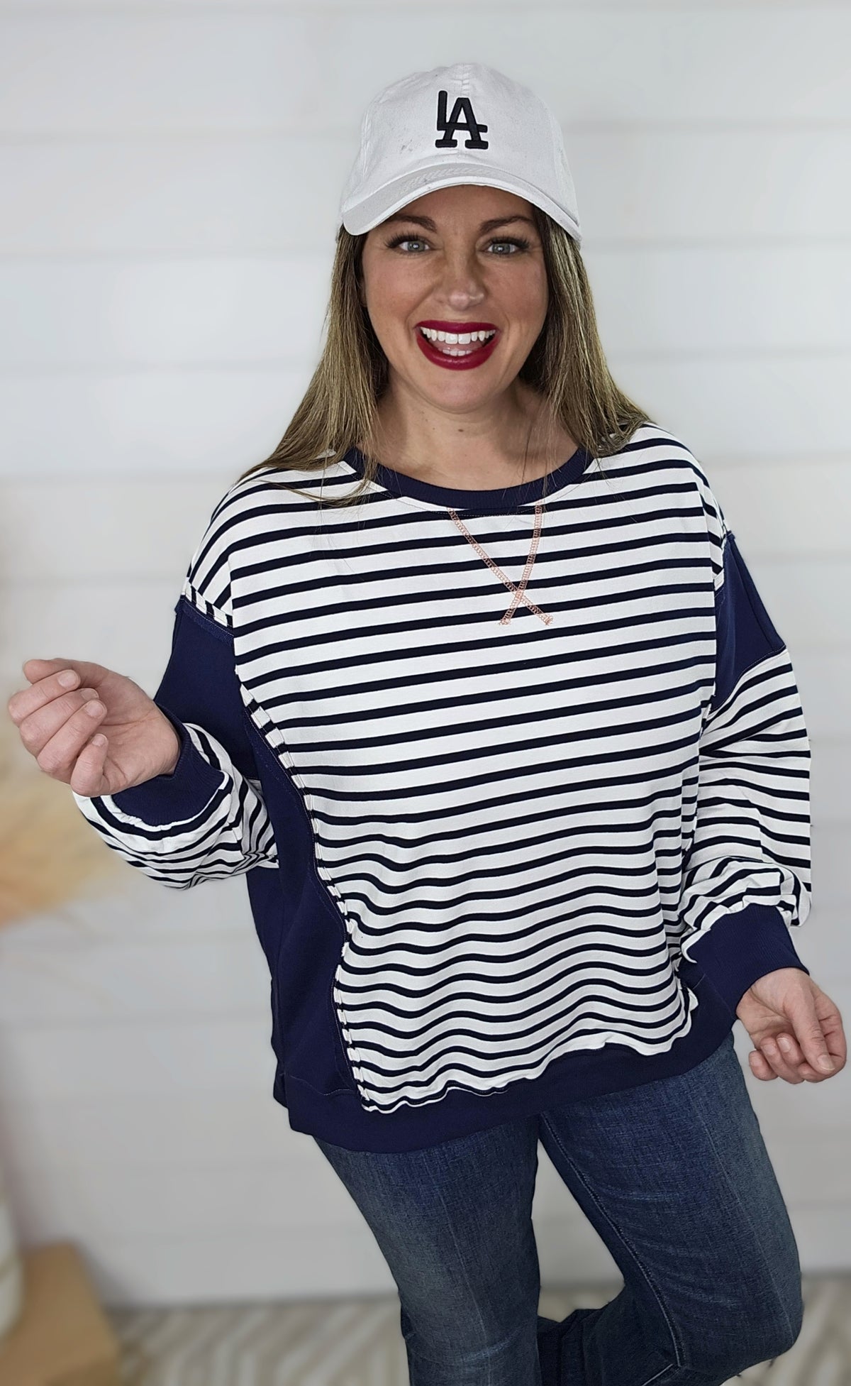 NAVY/WHITE STRIPED BLOCK LOOSE FIT PULLOVER TOP