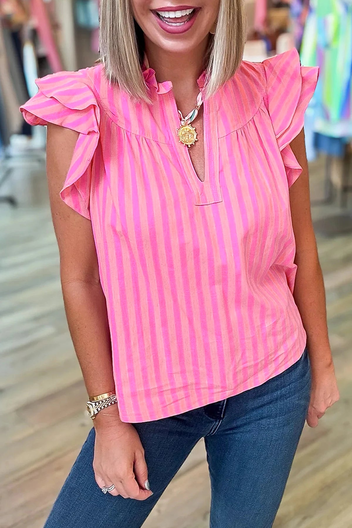 PINK/CORAL VERTICAL STRIPED WOVEN TOP