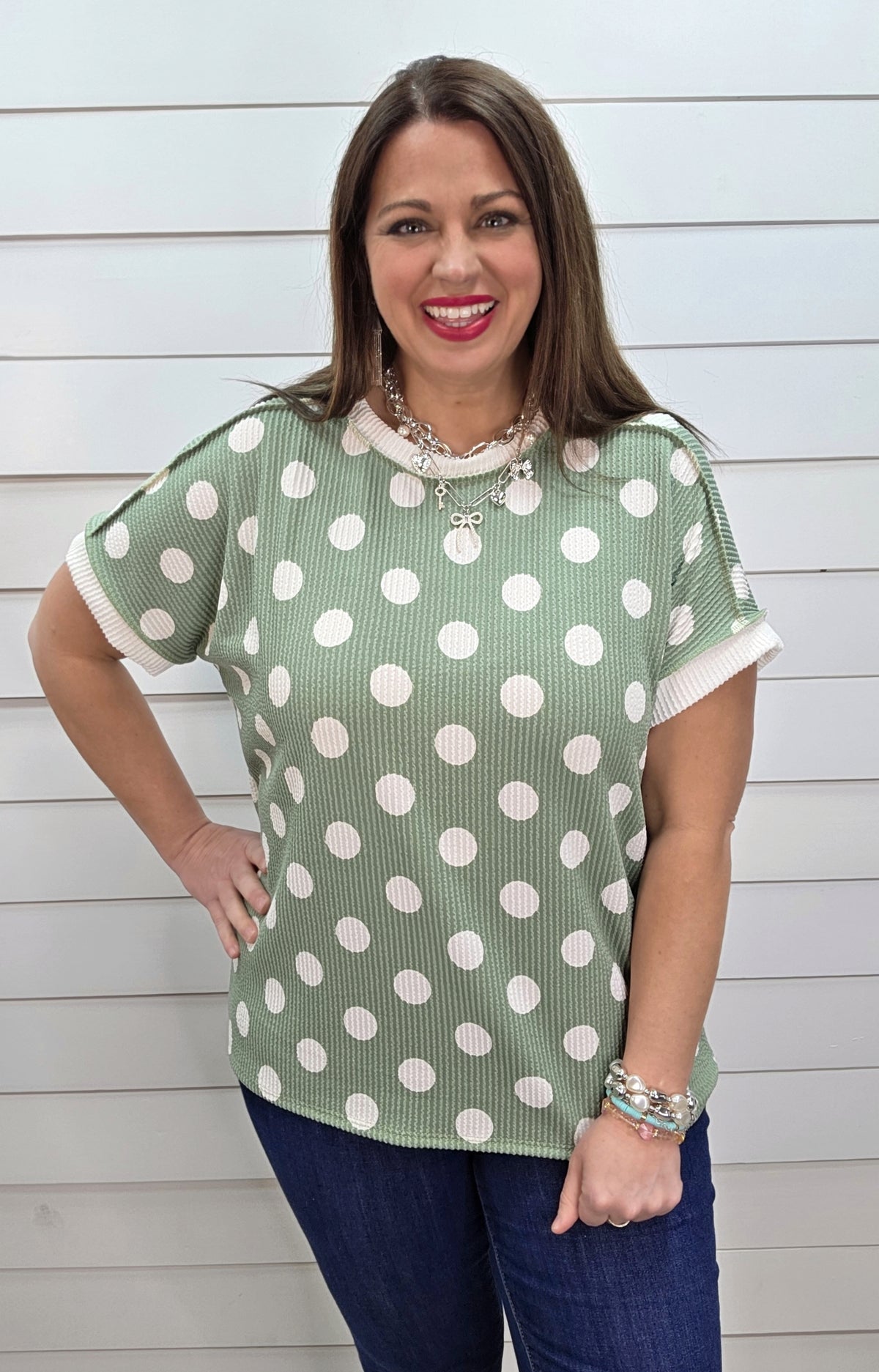 SAGE POLKA DOT RAISED RIBBED KNIT TOP
