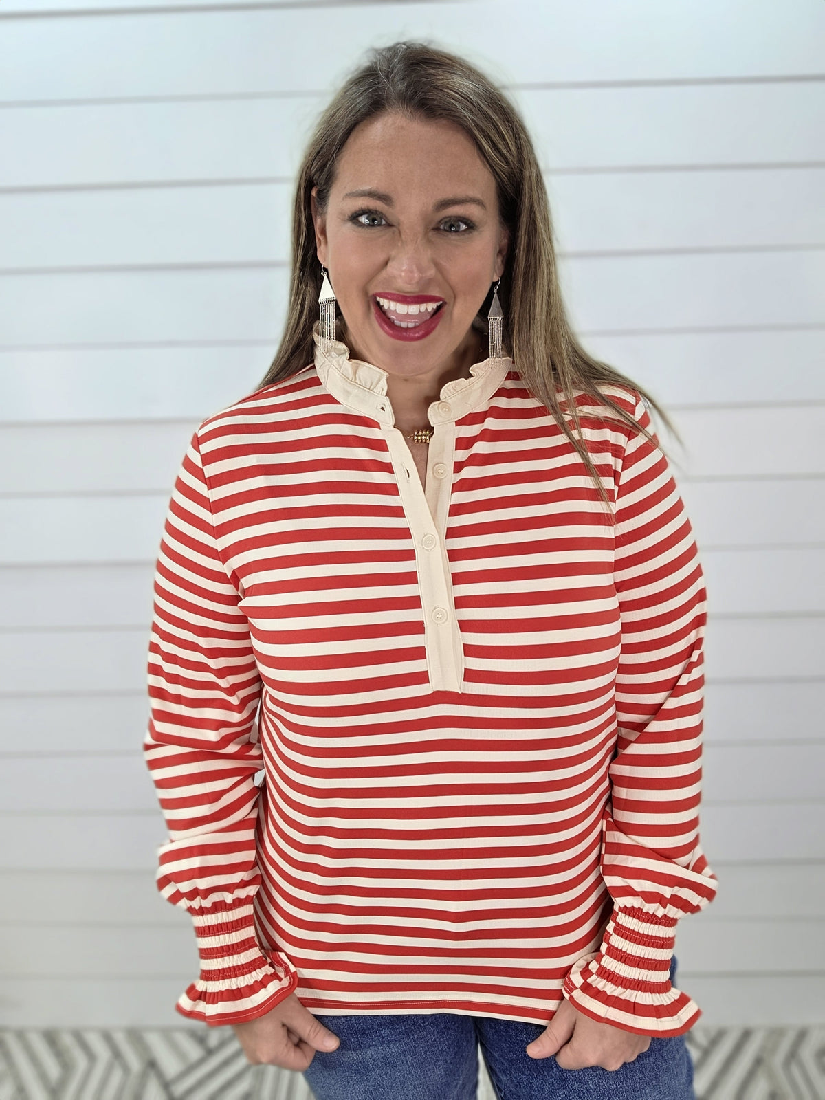 RED STRIPED HIGH NECK RUFFLE COLLAR TOP W/ SMOCKED SLEEVES