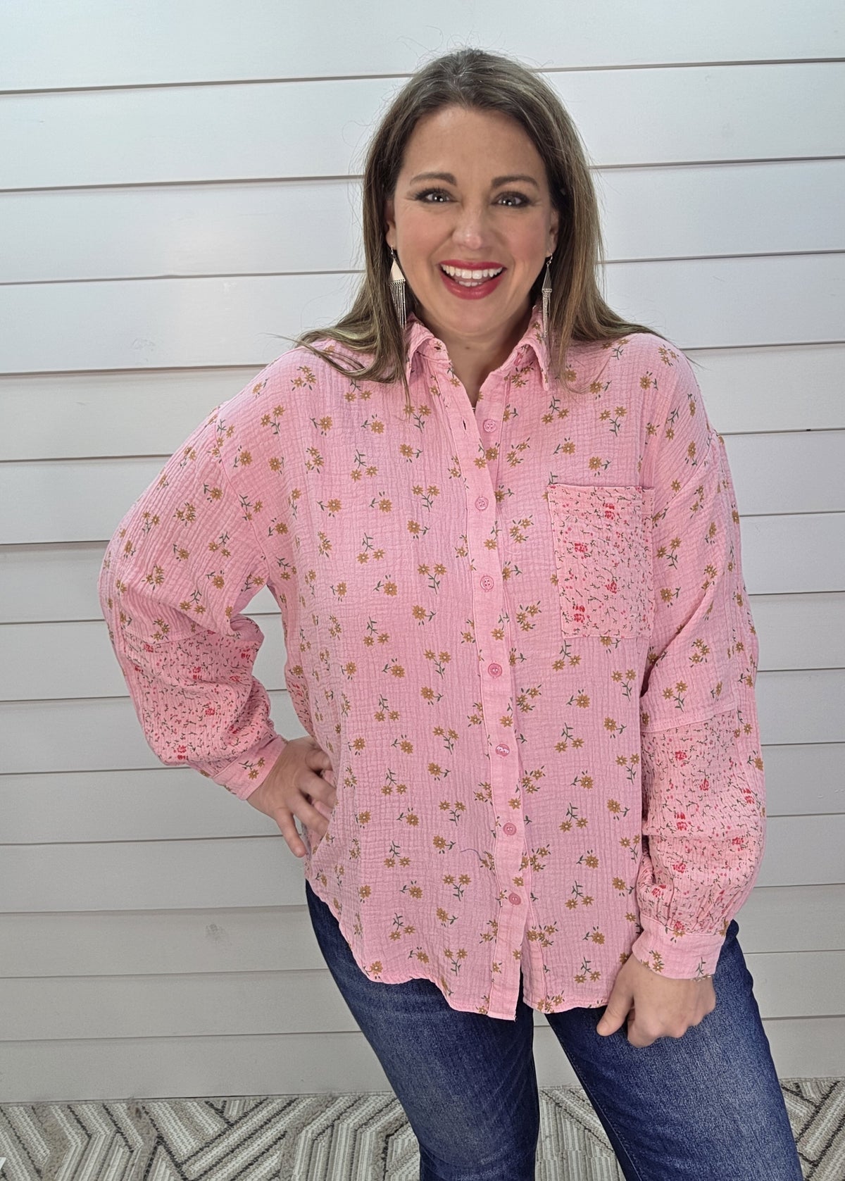 PINK FLORAL CONTRAST COTTON GAUZE BUTTON UP TOP