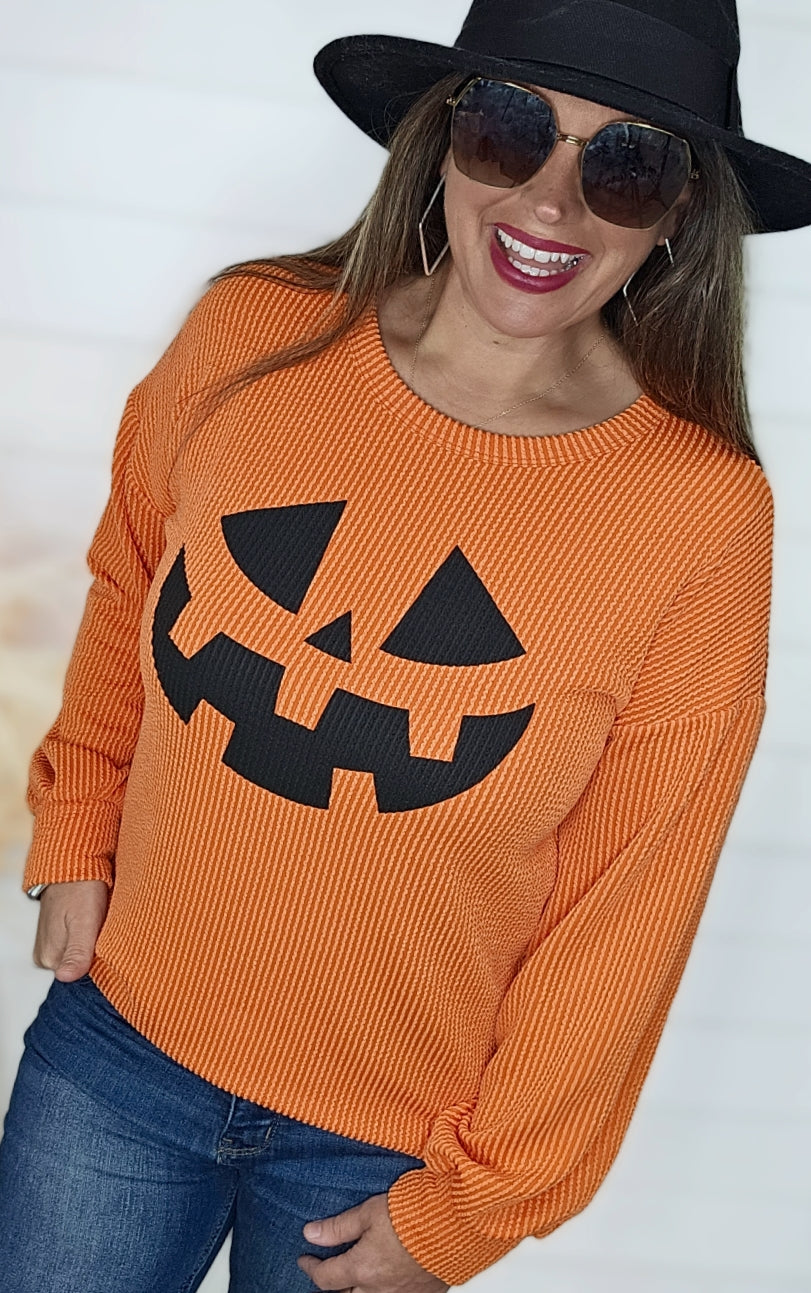 ORANGE RAISED RIBBED JACK O LANTERN TOP