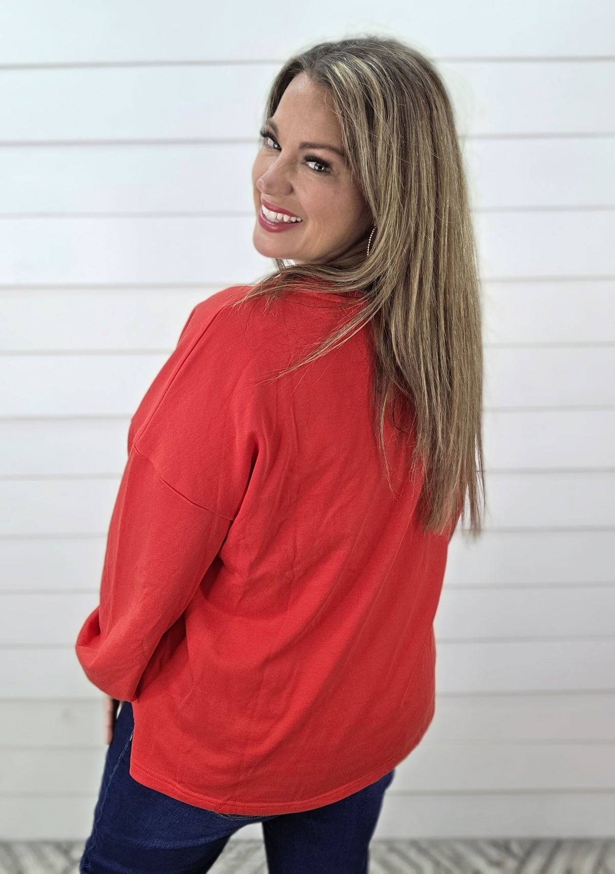 RED FRENCH TERRY PULLOVER W/ RAW EDGE TREE