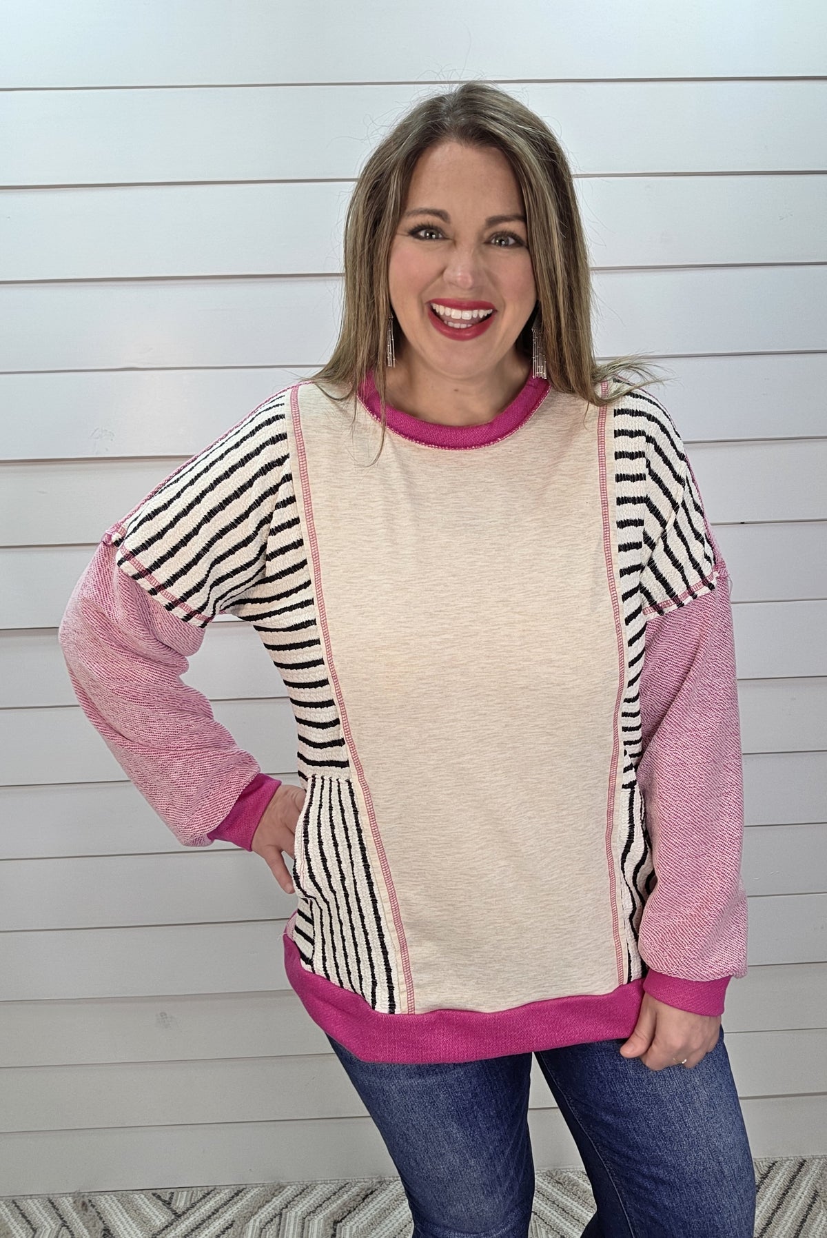 ROSEBERRRY STRIPED KNIT TOP W/ SIDE POCKETS