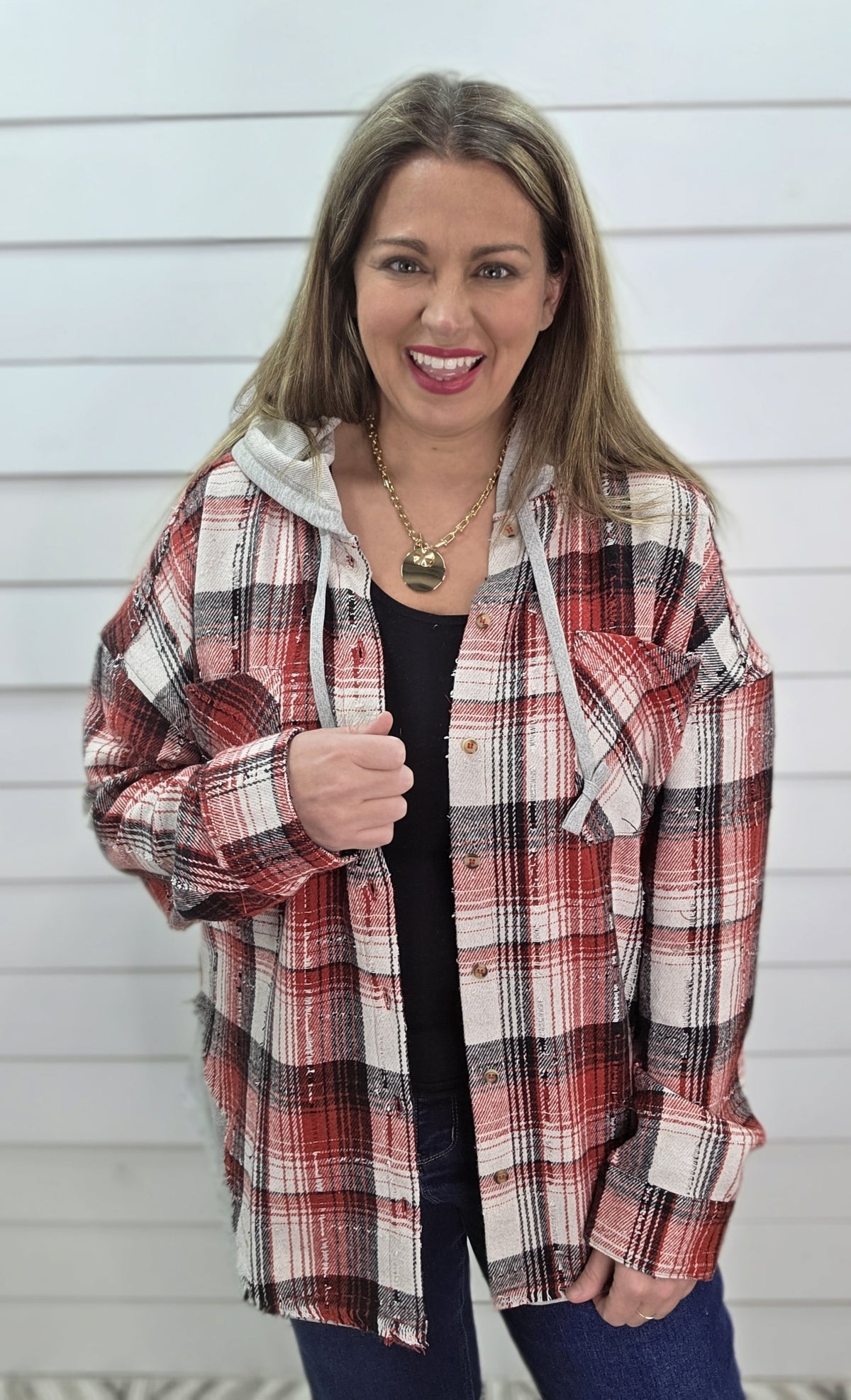 RED/BLACK PLAID BUTTON DOWN HOODED SHACKET
