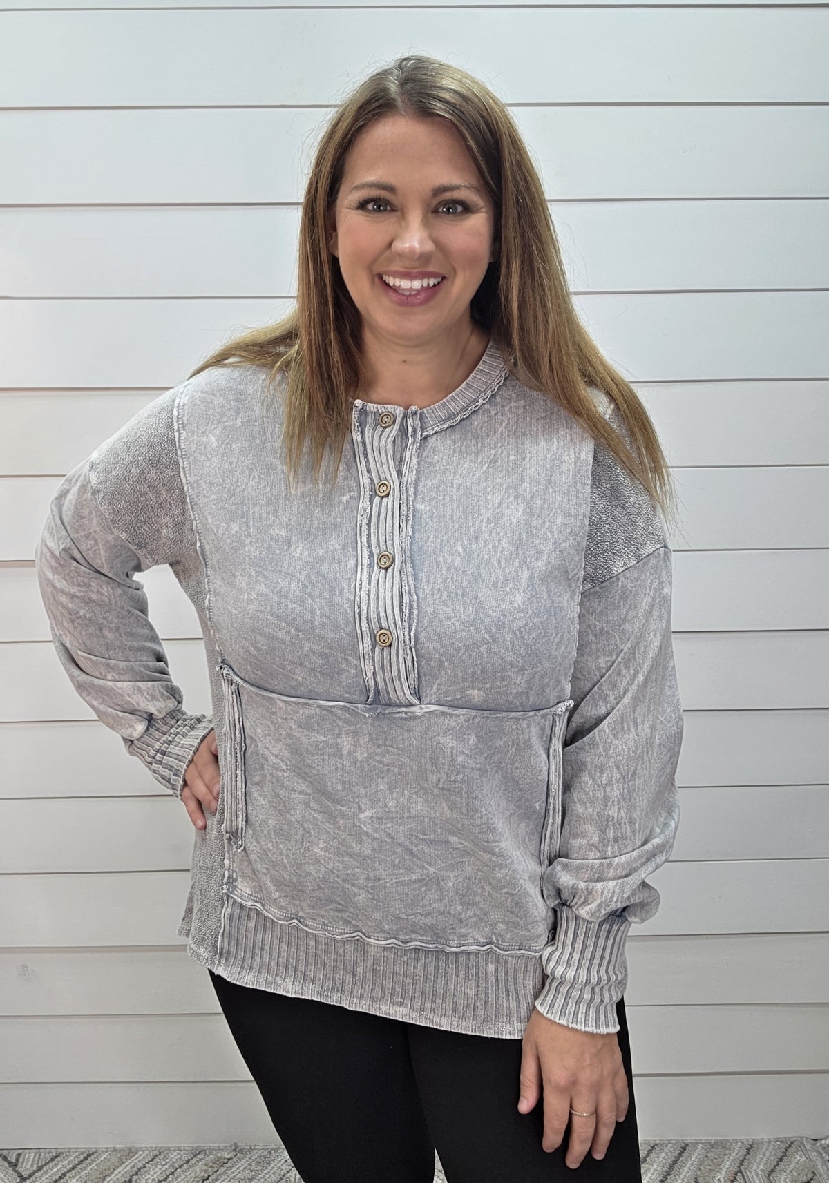 SILVER GREY Mineral wash Henley Kangaroo Pocket Terry Sweatshirt