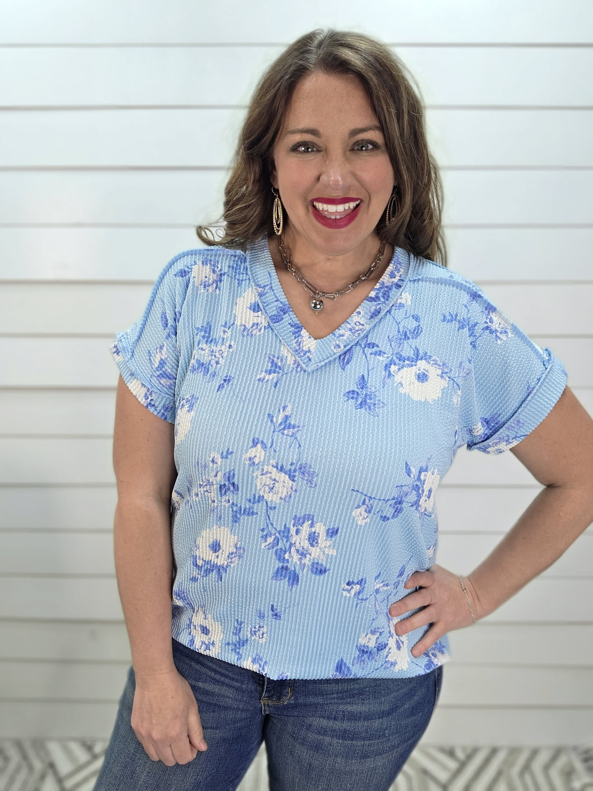 SKY BLUE RAISED RIBBED FLORAL V NECK KNIT TOP