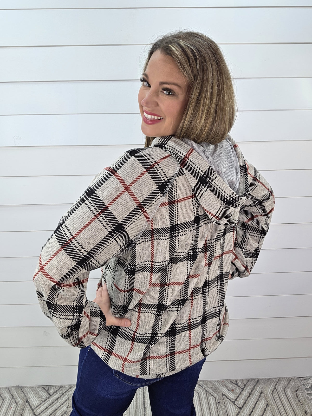 OATMEAL/BLACK/RED PLAID LIGHT WEIGHT HOODIE