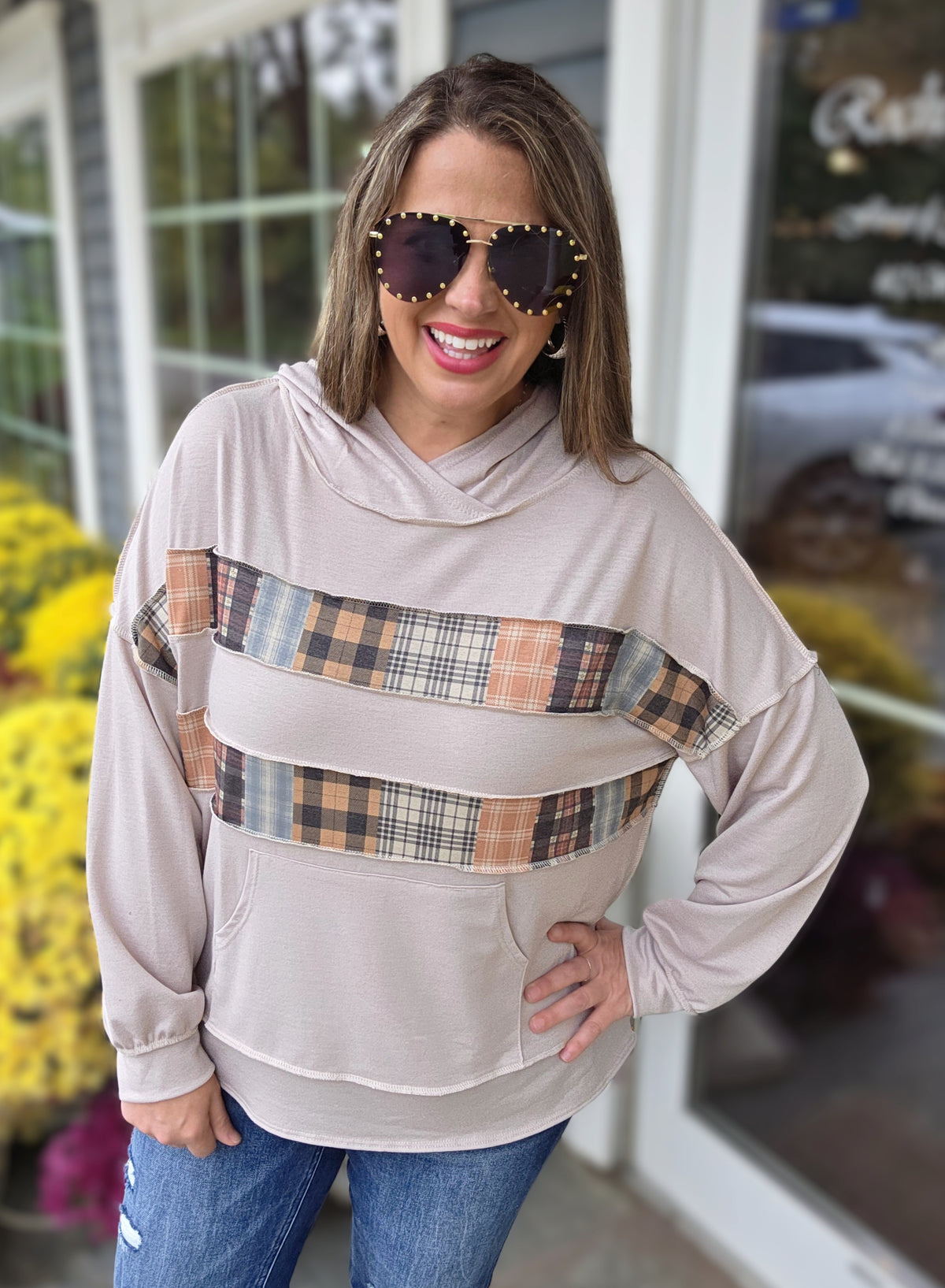 TAUPE PATCHWORK LIGHT WEIGHT FRENCH TERRY HOODIE