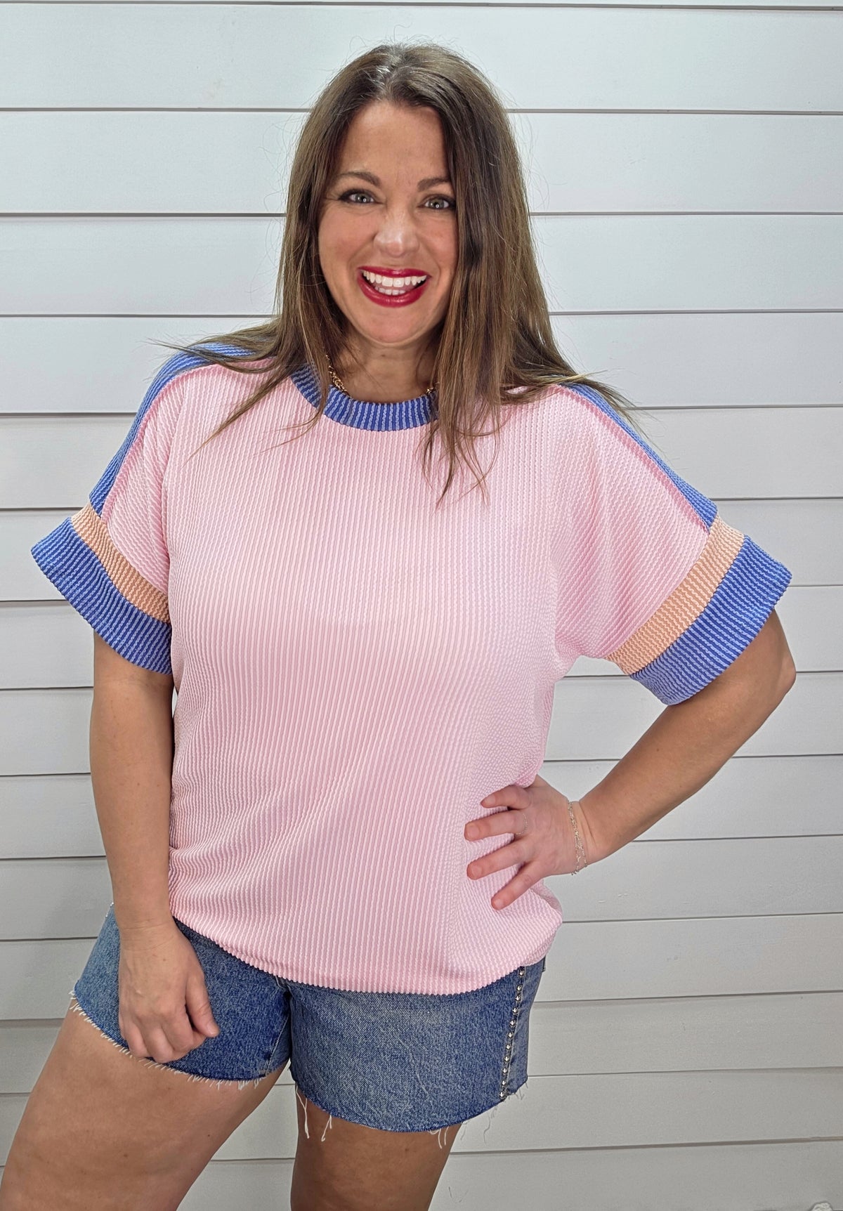 PINK/DENIM/PEACH COLORBLOCK RAISED RIBBED KNIT TOP