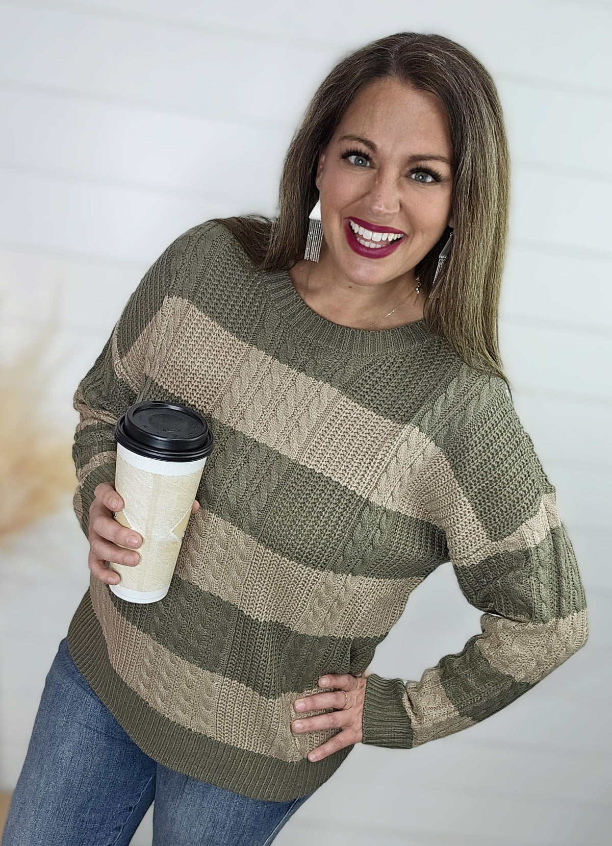 OLIVE/TAUPE CABLE KNIT STRIPED SWEATER