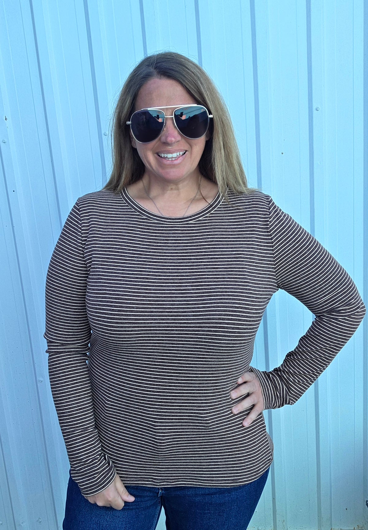 BROWN Crew Neck, Long Sleeve, Basic Striped Jersey Top