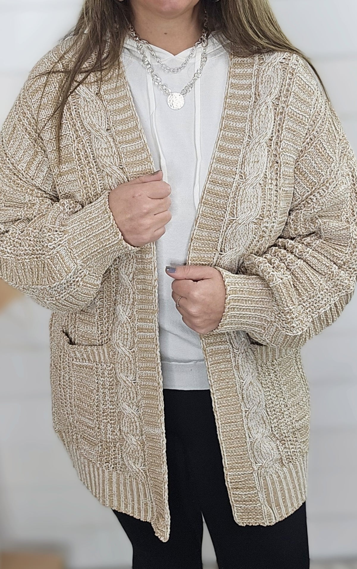 TAUPE TWO TONE OPEN KNIT CARDIGAN