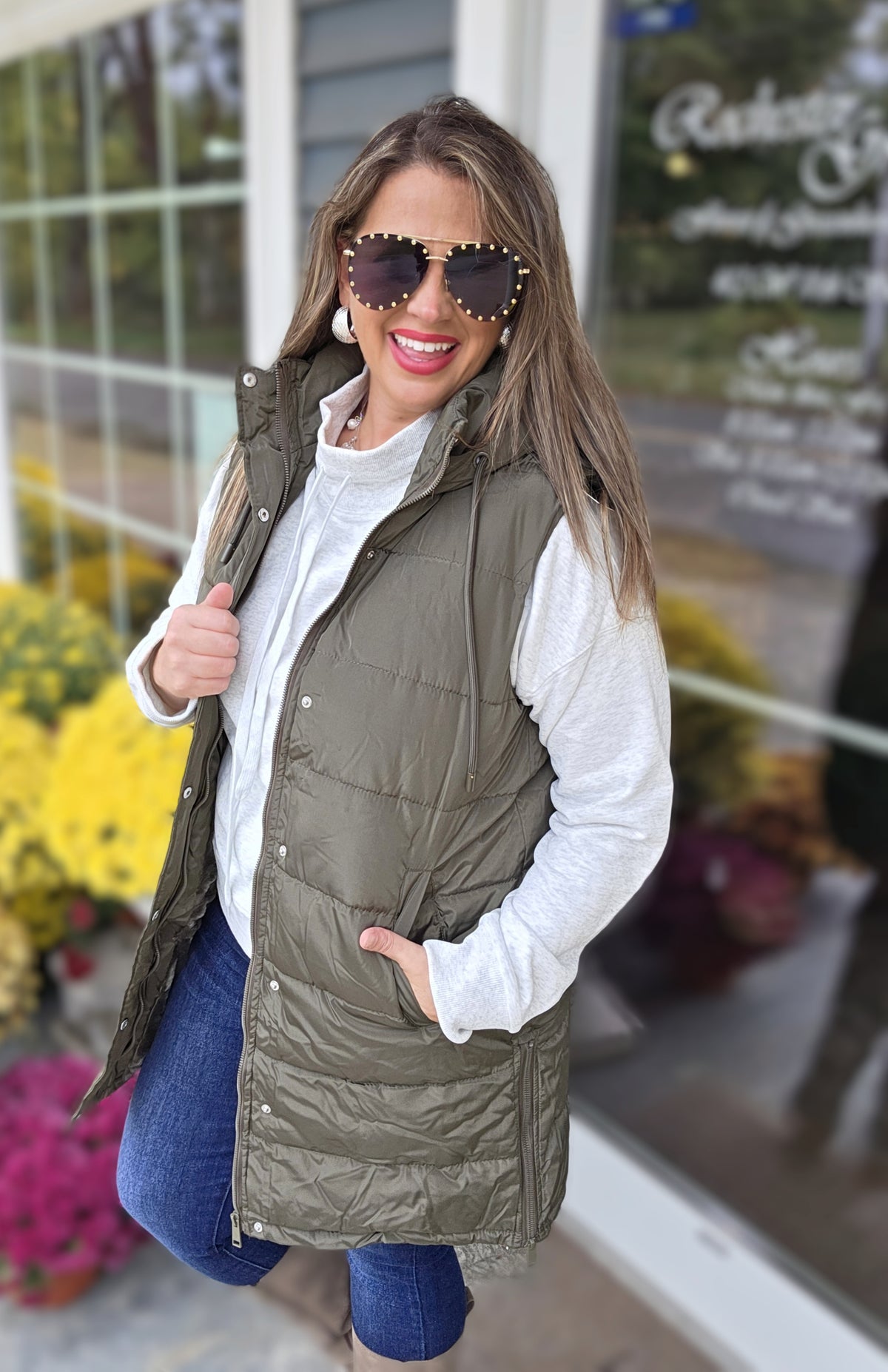 OLIVE LONG PUFFER HOODED VEST WITH SIDE ZIPPER