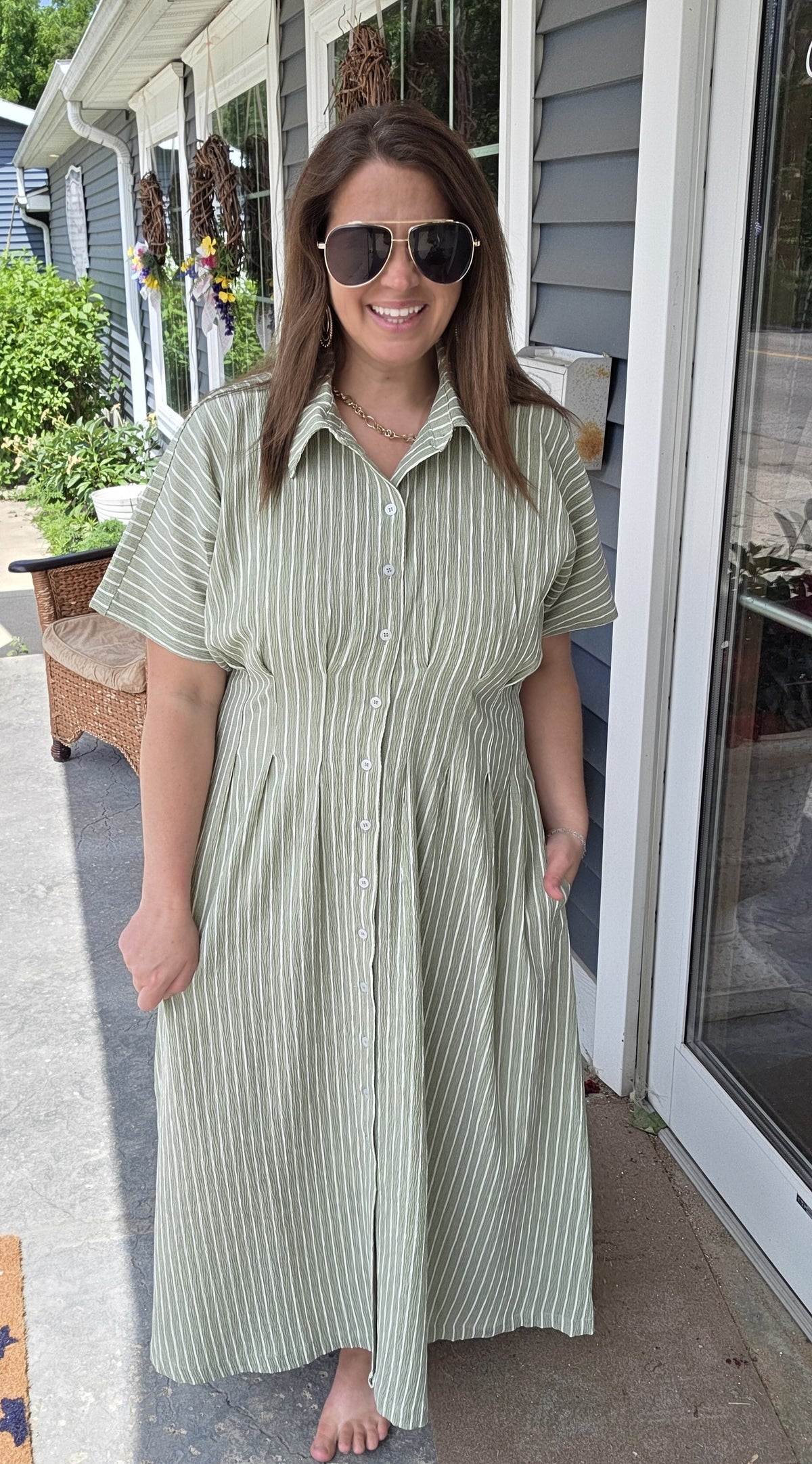 SAGE STRIPED BUTTON DOWN DRESS PLEATED WITH SIDE POCKETS