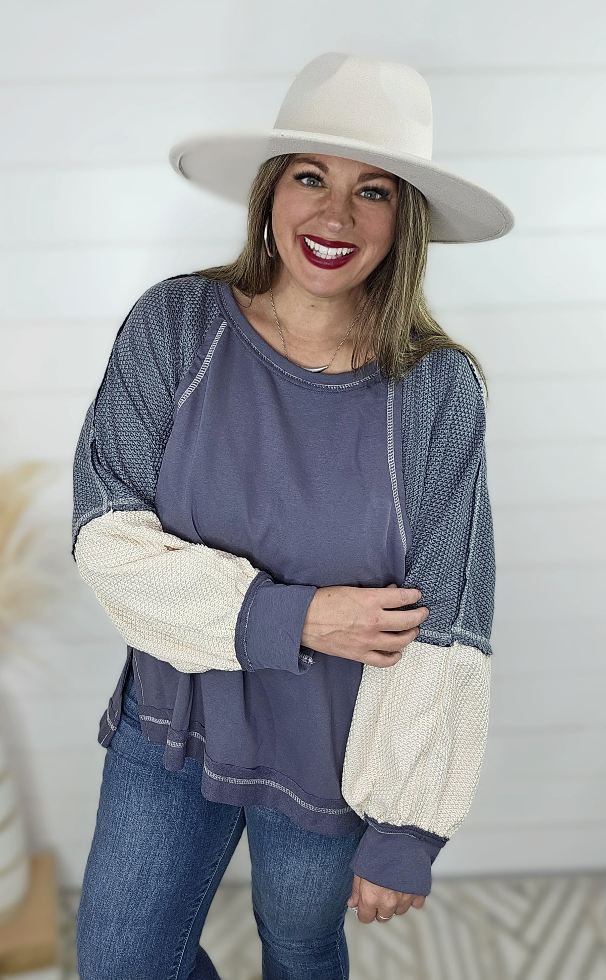 BLUE PULLOVER TOP W/ TEXTURED SLEEVES