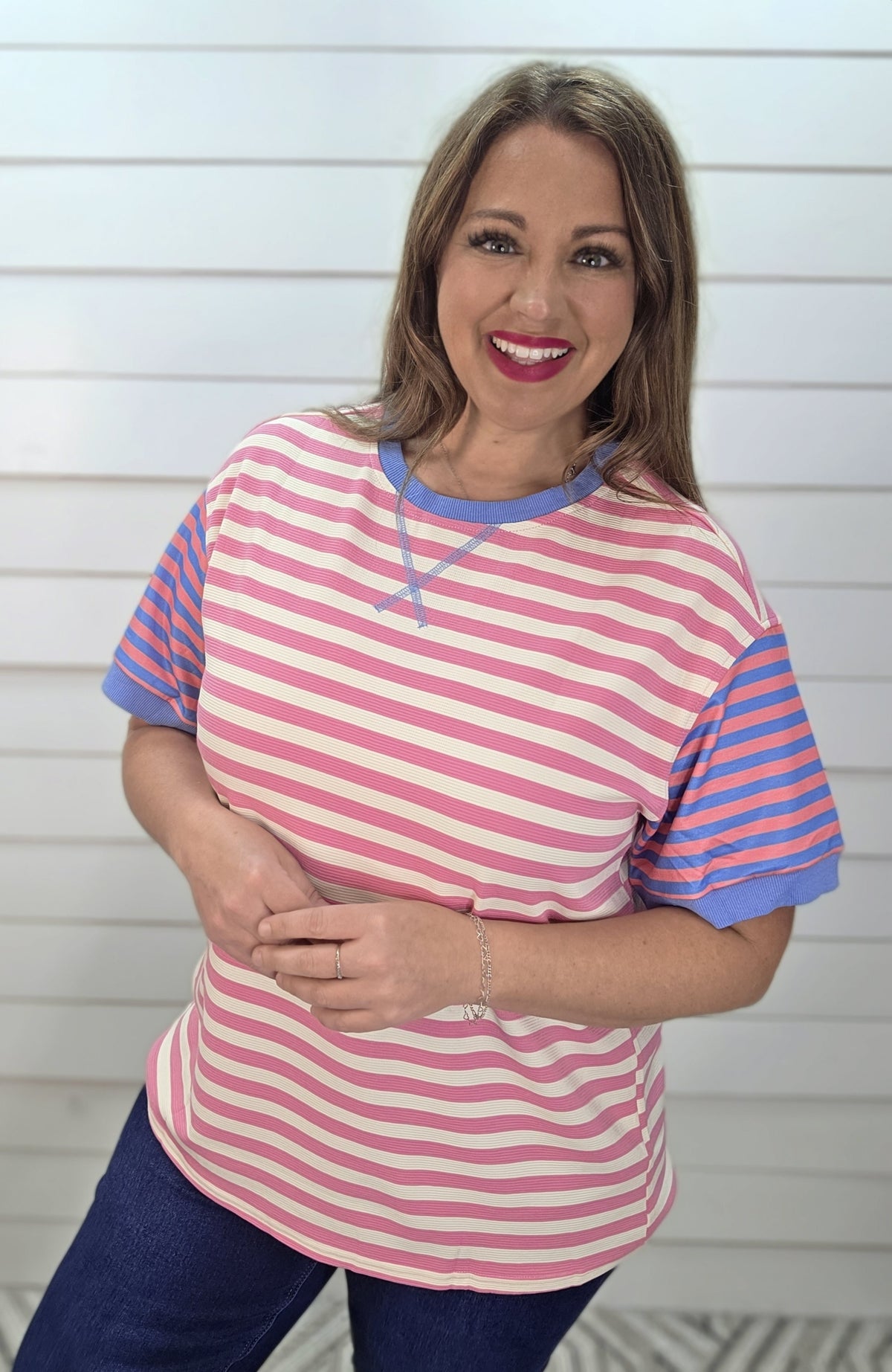 PINK STRIPED KNIT TOP W/ CONTRAST KNIT SLEEVES