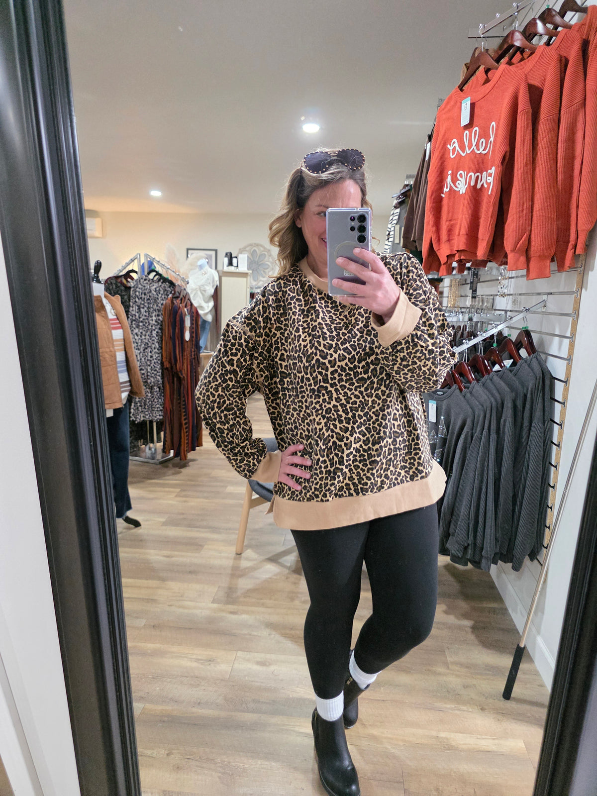 BEIGE LEOPARD FRENCH TERRY PULLOVER TOP
