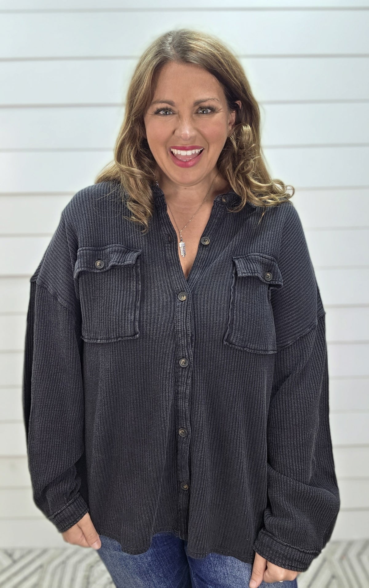 BLACK MINERAL WASH OVERSIZED KNIT WAFFLE TEXTURE BUTTON DOWN TOP